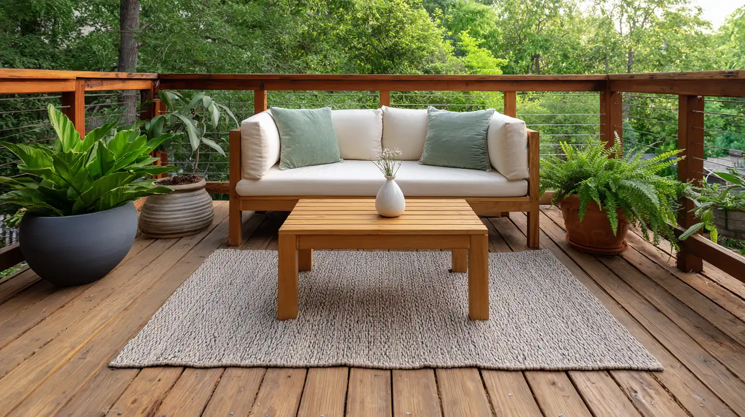 wide deck view with corner potted plant groupings sofa and teak coffee table in afternoon light