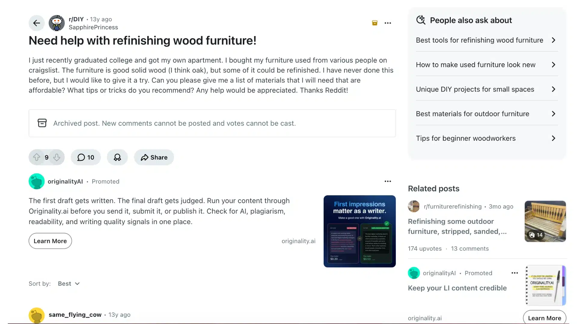 reddit post titled "Need help with refinishing wood furniture!" with related topics and promotions