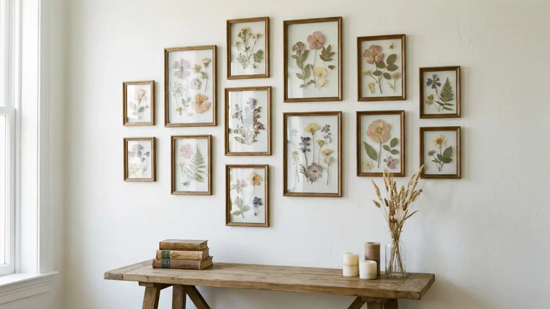 pressed flower framed art with dried botanicals mounted on white bedroom wall
