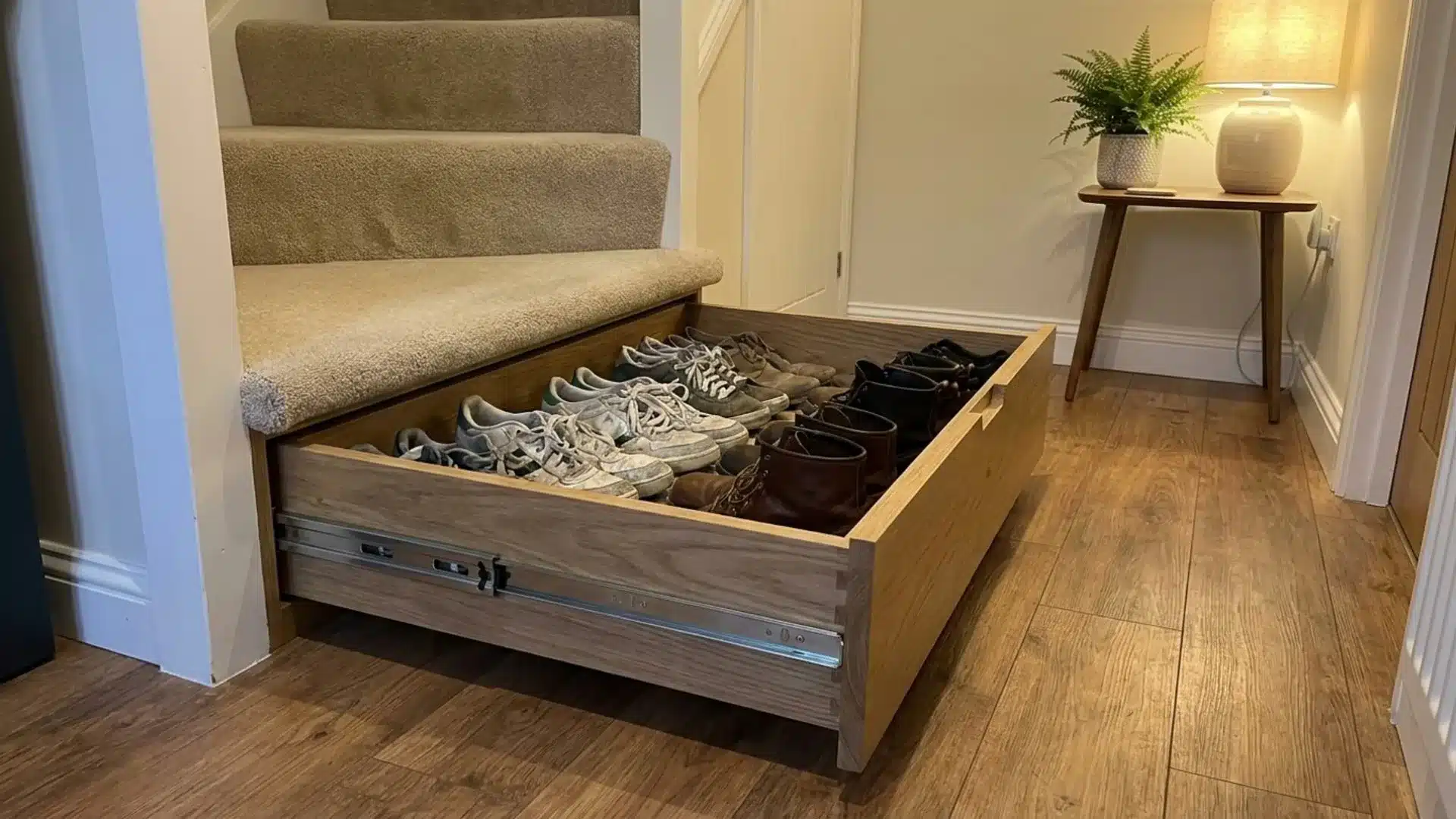a shoe storage box neatly placed under a staircase with various pairs of shoes organized inside it