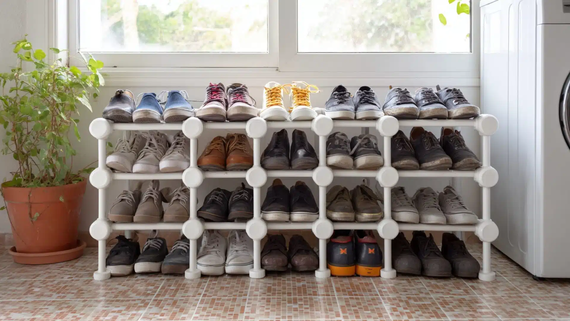 a shoe rack displaying various pairs of shoes in different styles and colors organized neatly on multiple shelves