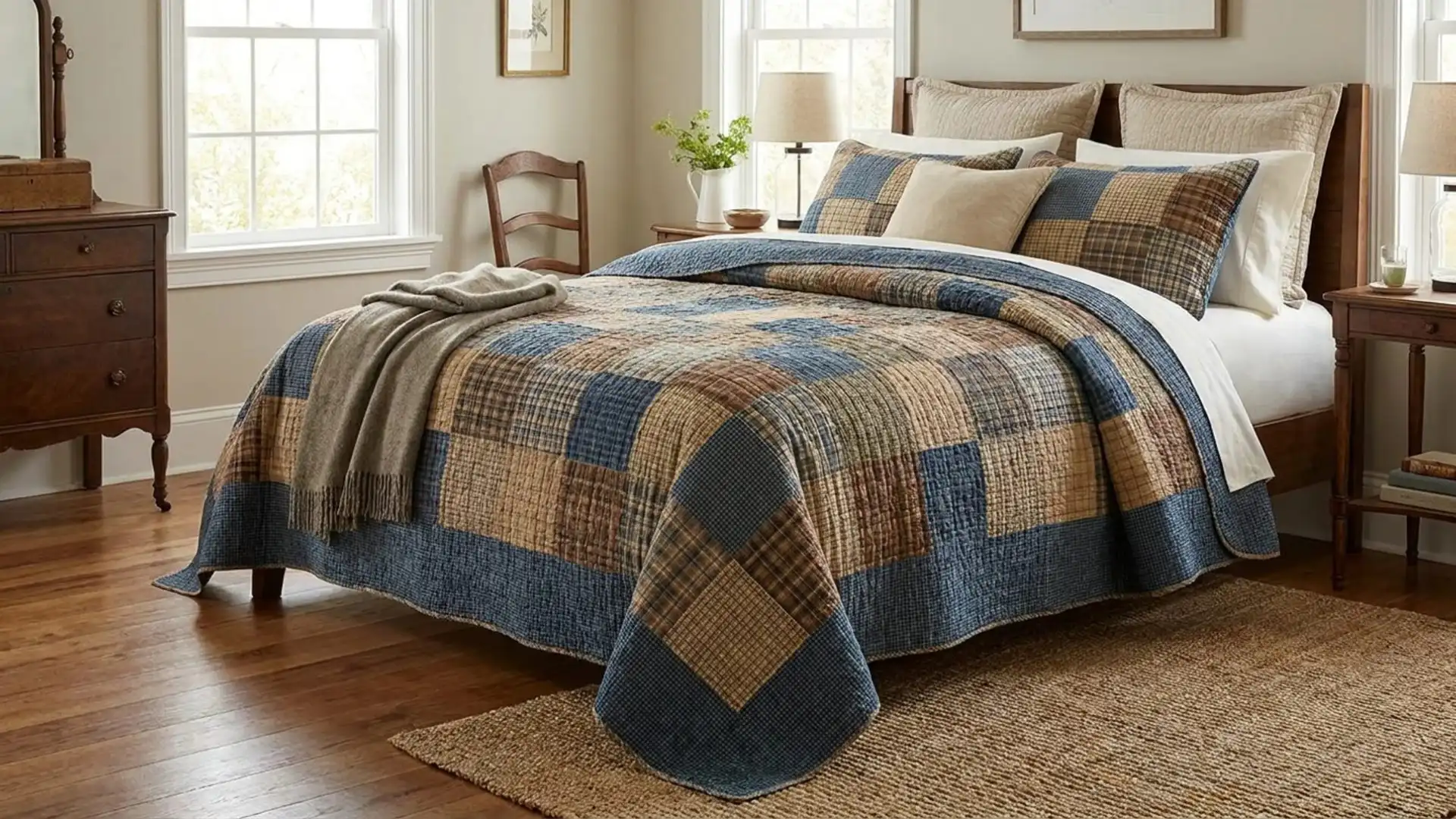 a cozy bed adorned with a blue and brown quilt, inviting and warm, perfect for a restful night's sleep