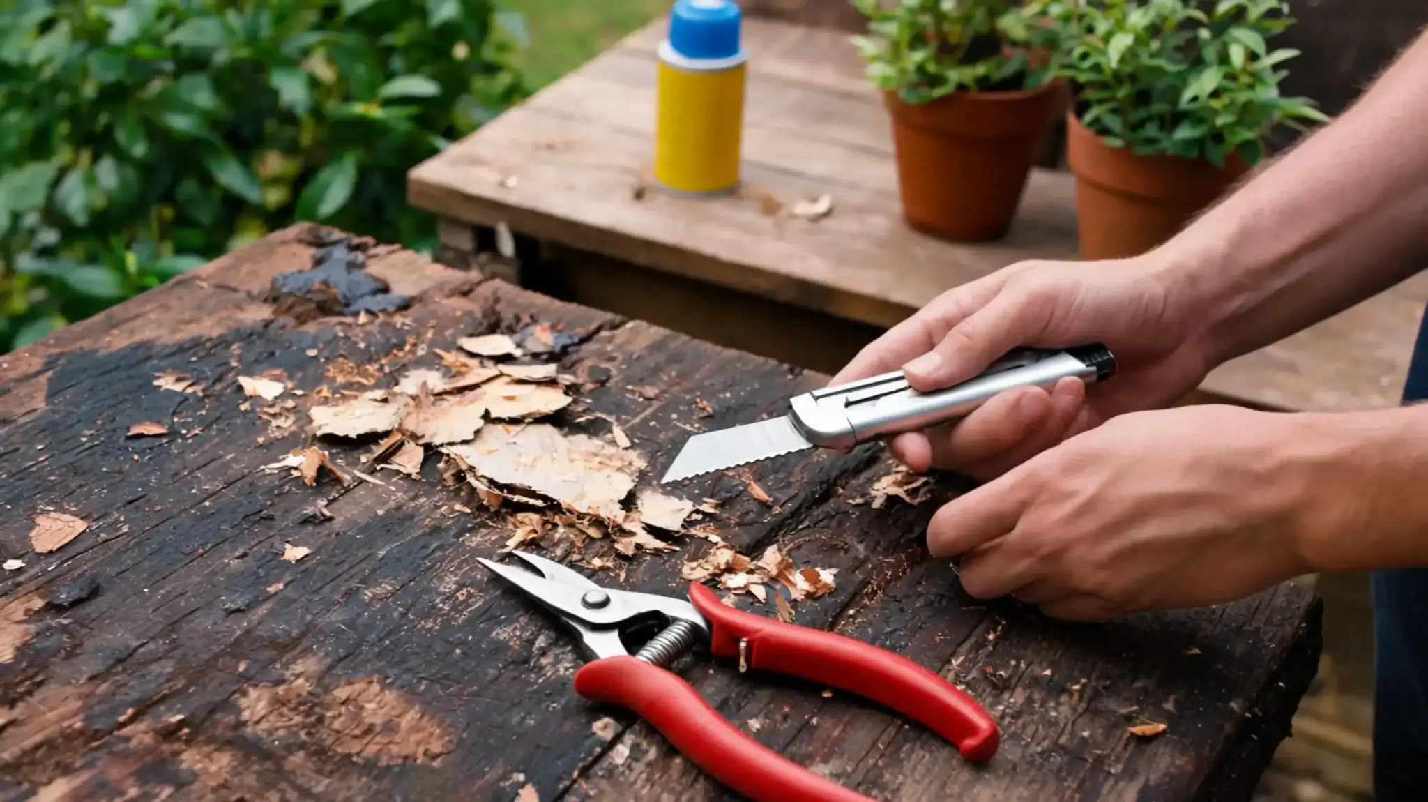 hands using a utility knife to scrape bark from a weathered wooden surface near red-handled pruning shears