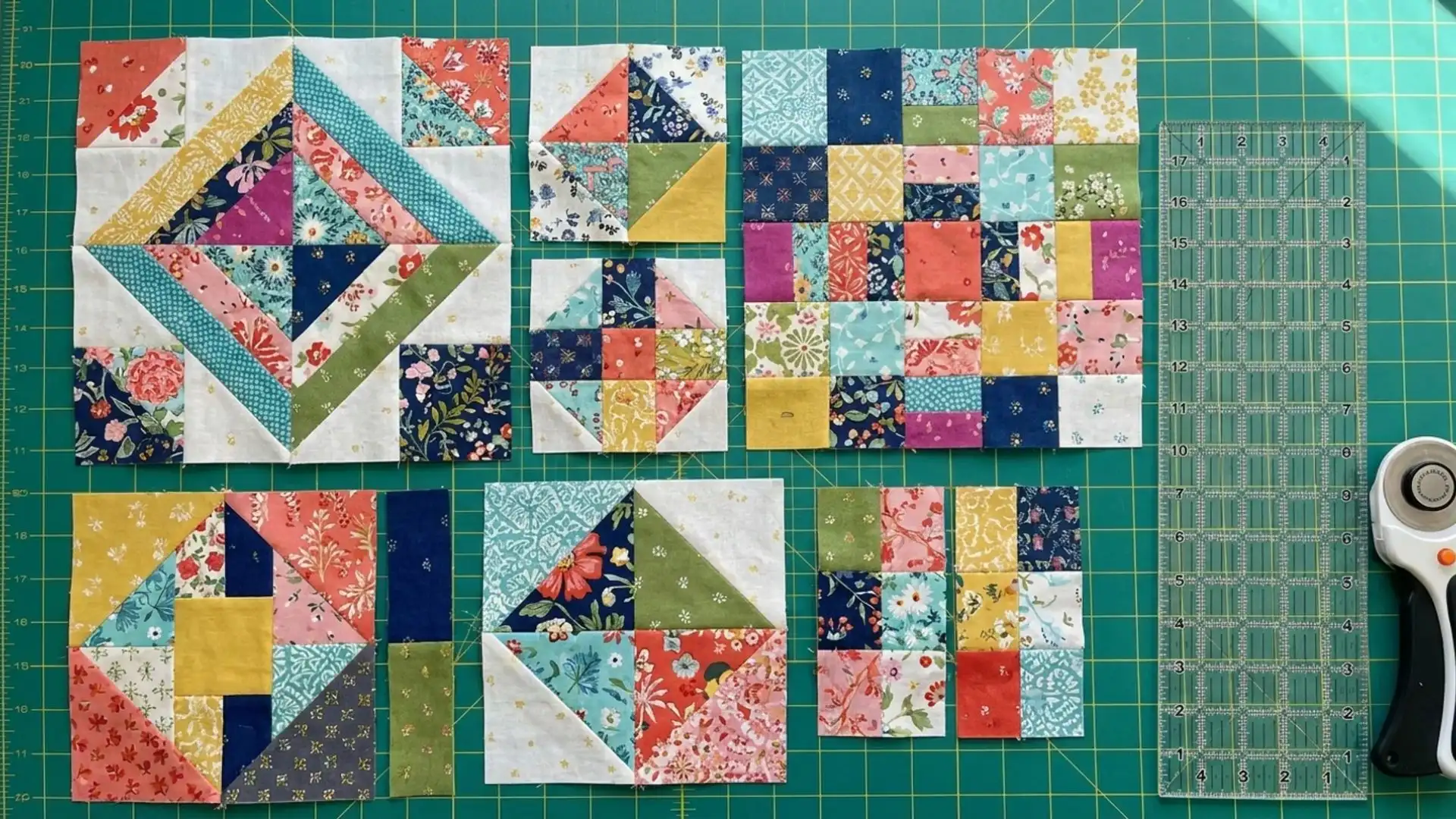 a colorful quilt block with a pair of scissors placed on top and another pair beside it on a wooden table surface