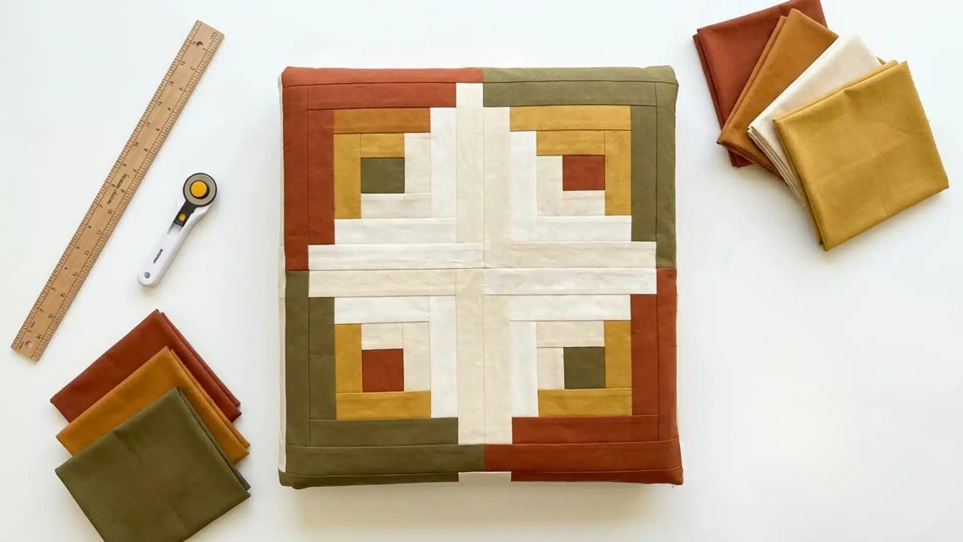 a colorful quilt block with a pair of scissors placed on top and another pair beside it on a wooden table surface