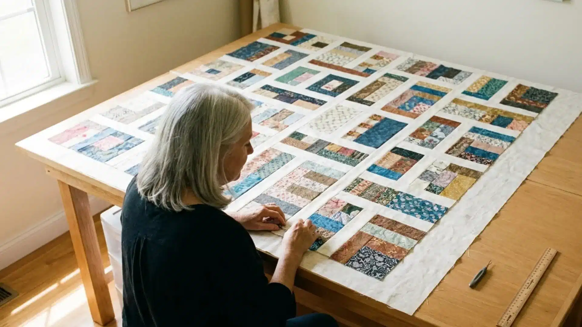 a woman sewing a colorful quilt on a wooden table surrounded by fabric and sewing tools in a well-lit room