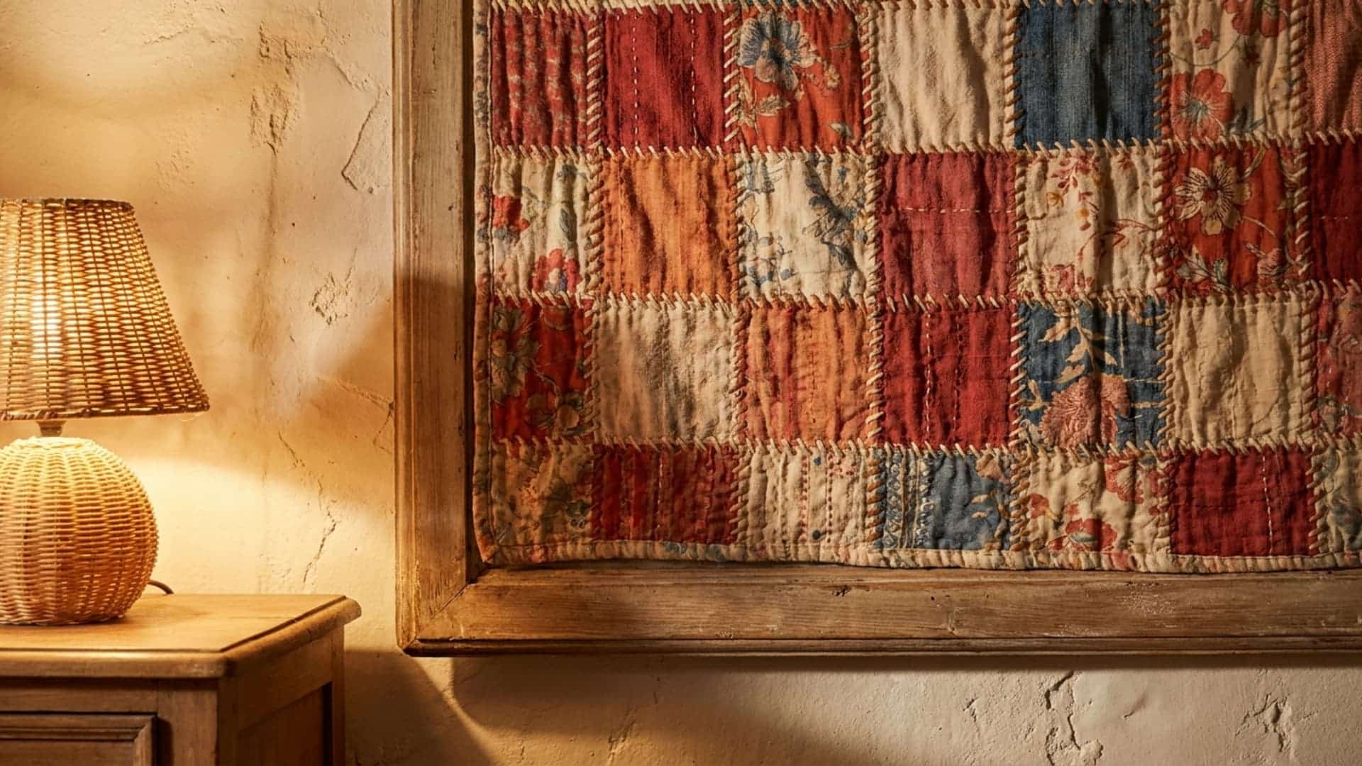 quilted wall art in patchwork pattern framed and mounted on white interior wall