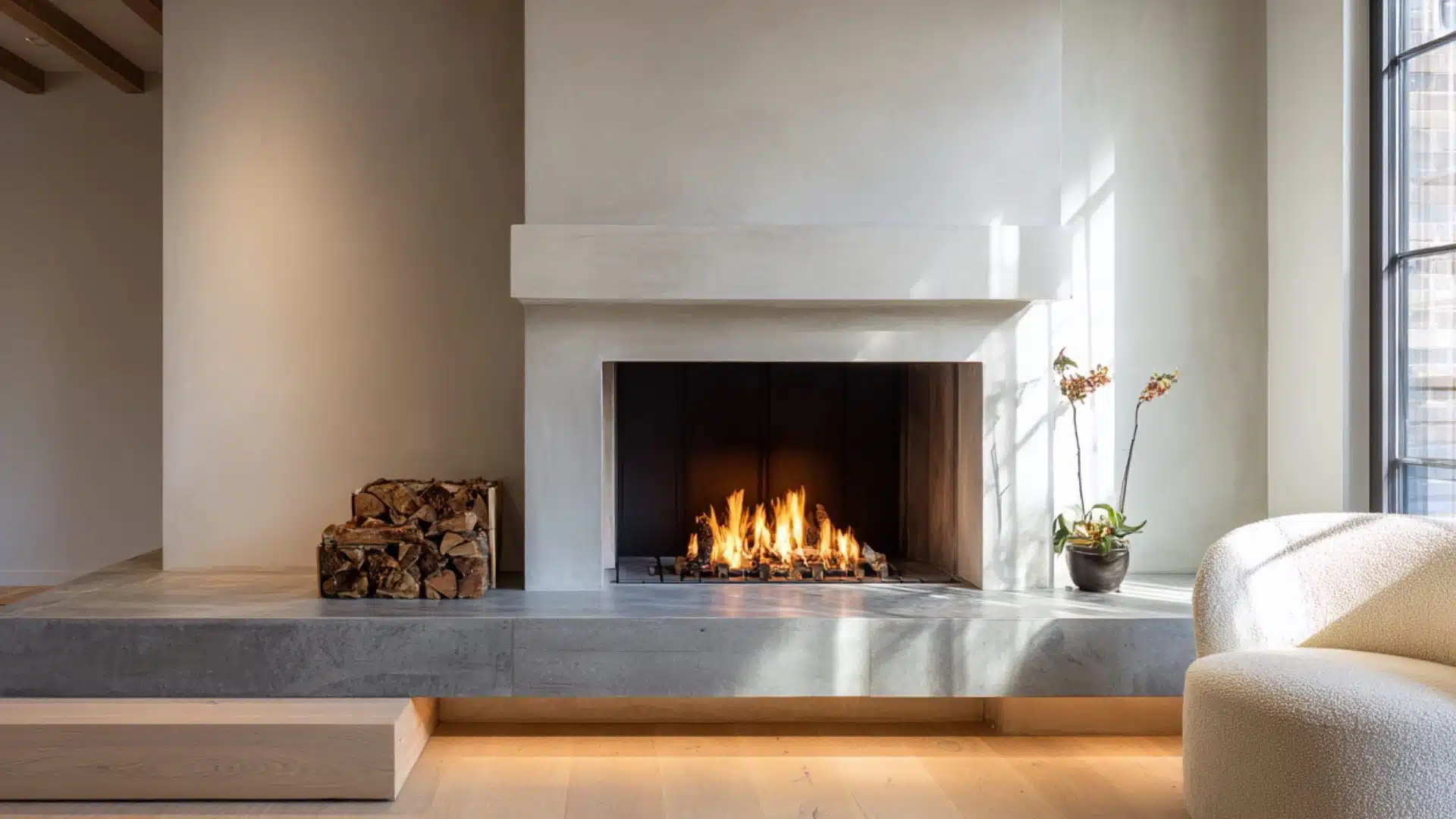 a sleek fireplace in a contemporary living room with a comfortable chair nearby enhancing the room's ambiance