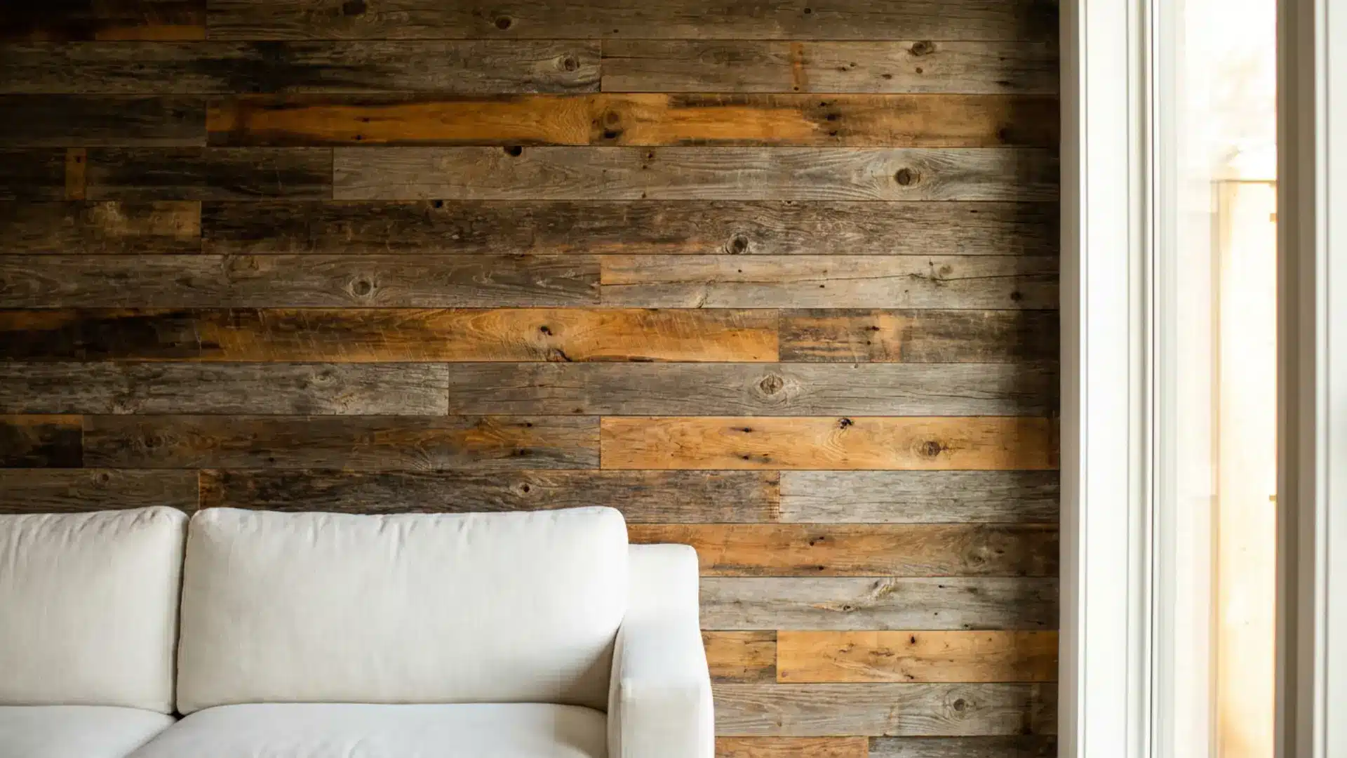 reclaimed wood plank accent panel on modern living room feature wall
