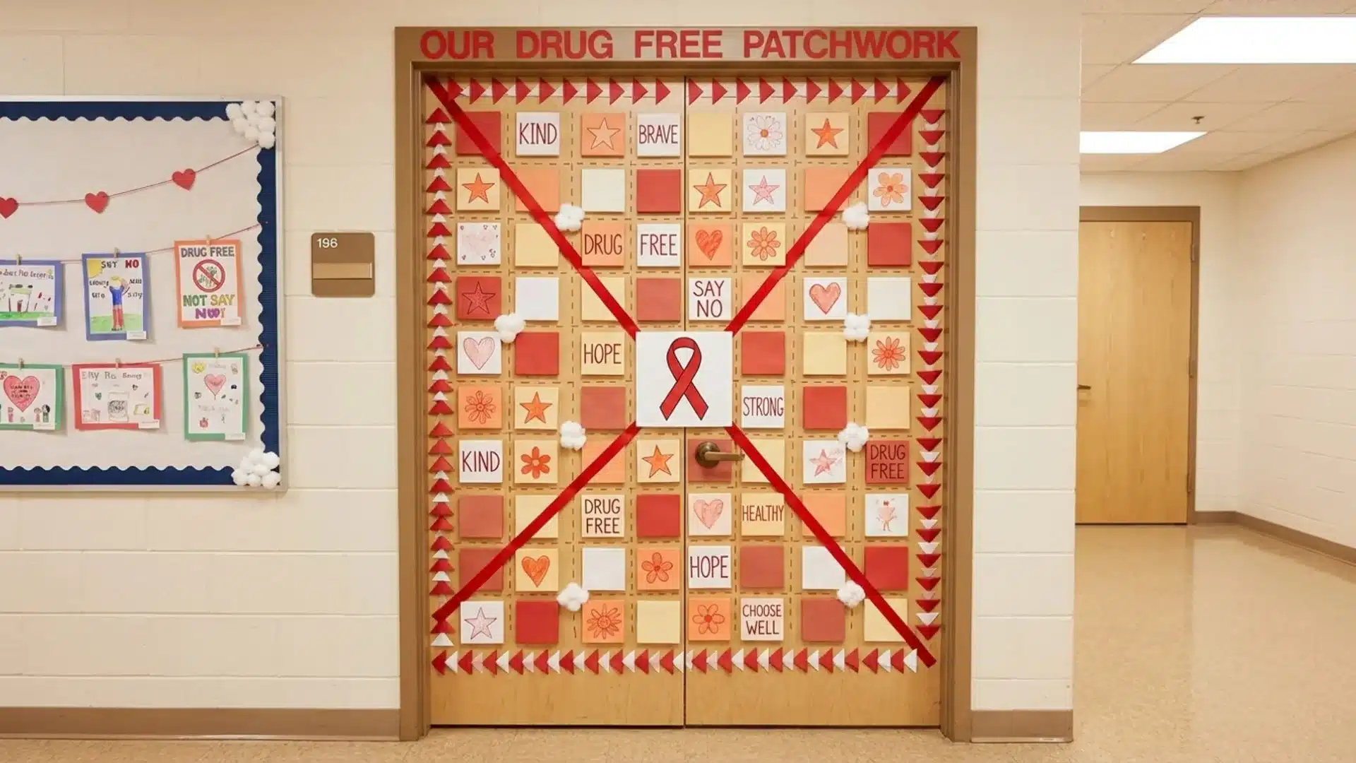 decorated classroom door with red ribbon and a sign stating free to be you promoting individuality and acceptance
