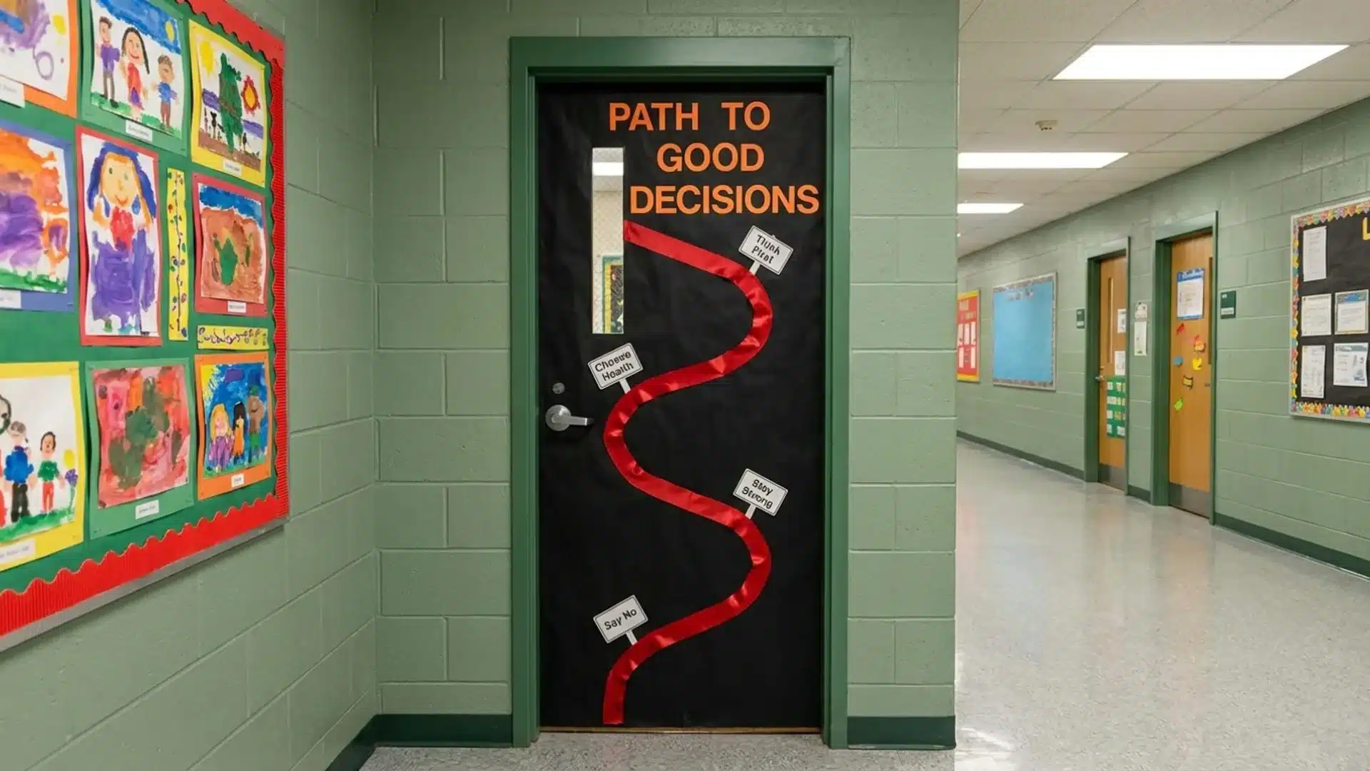 door of a classroom displaying a colorful sign that says path to good decisions inviting students to enter