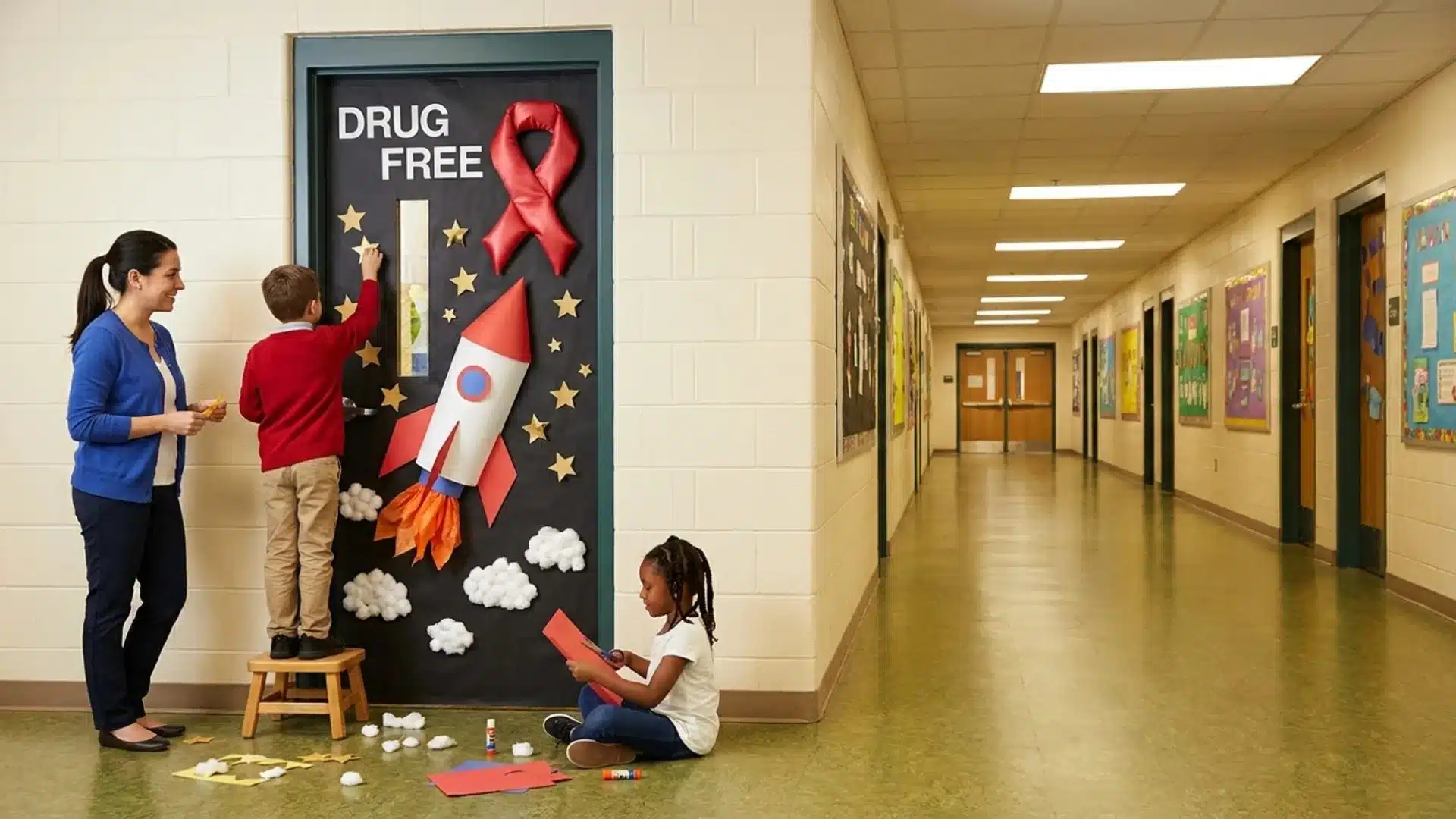 a woman and two children stand in a hallway beside a door displaying a drug free sign promoting a healthy environment