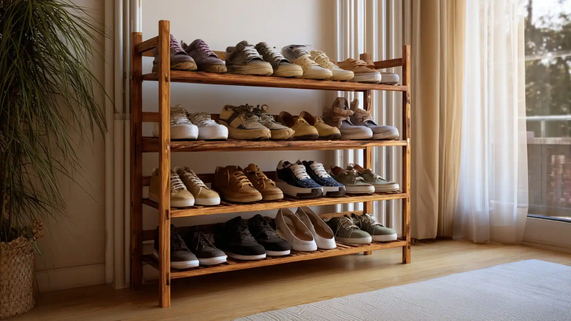 wooden shoe rack showcasing an assortment of shoes placed on multiple tiers for easy access