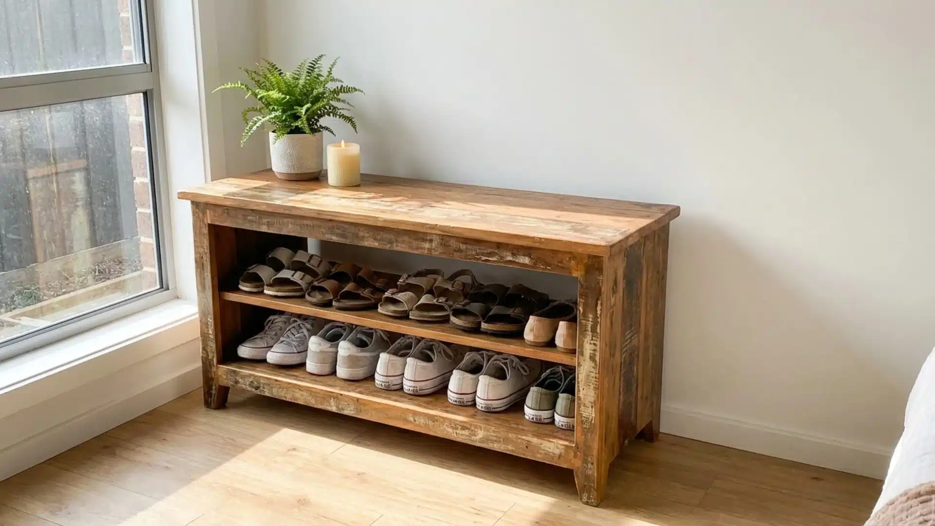 wooden shoe rack displaying various pairs of shoes in different styles and colors arranged neatly on the shelves