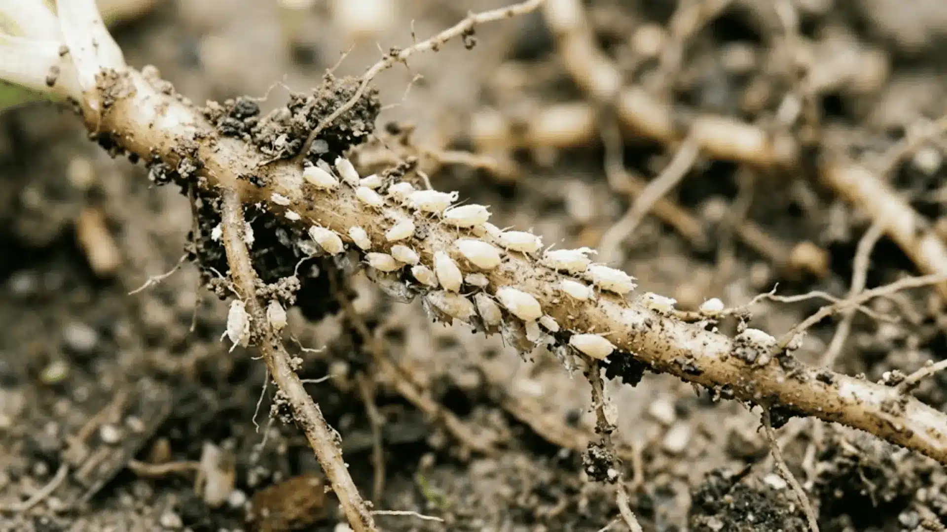macro photo of pale root aphids clustered on plant roots with fine soil particles and root hairs