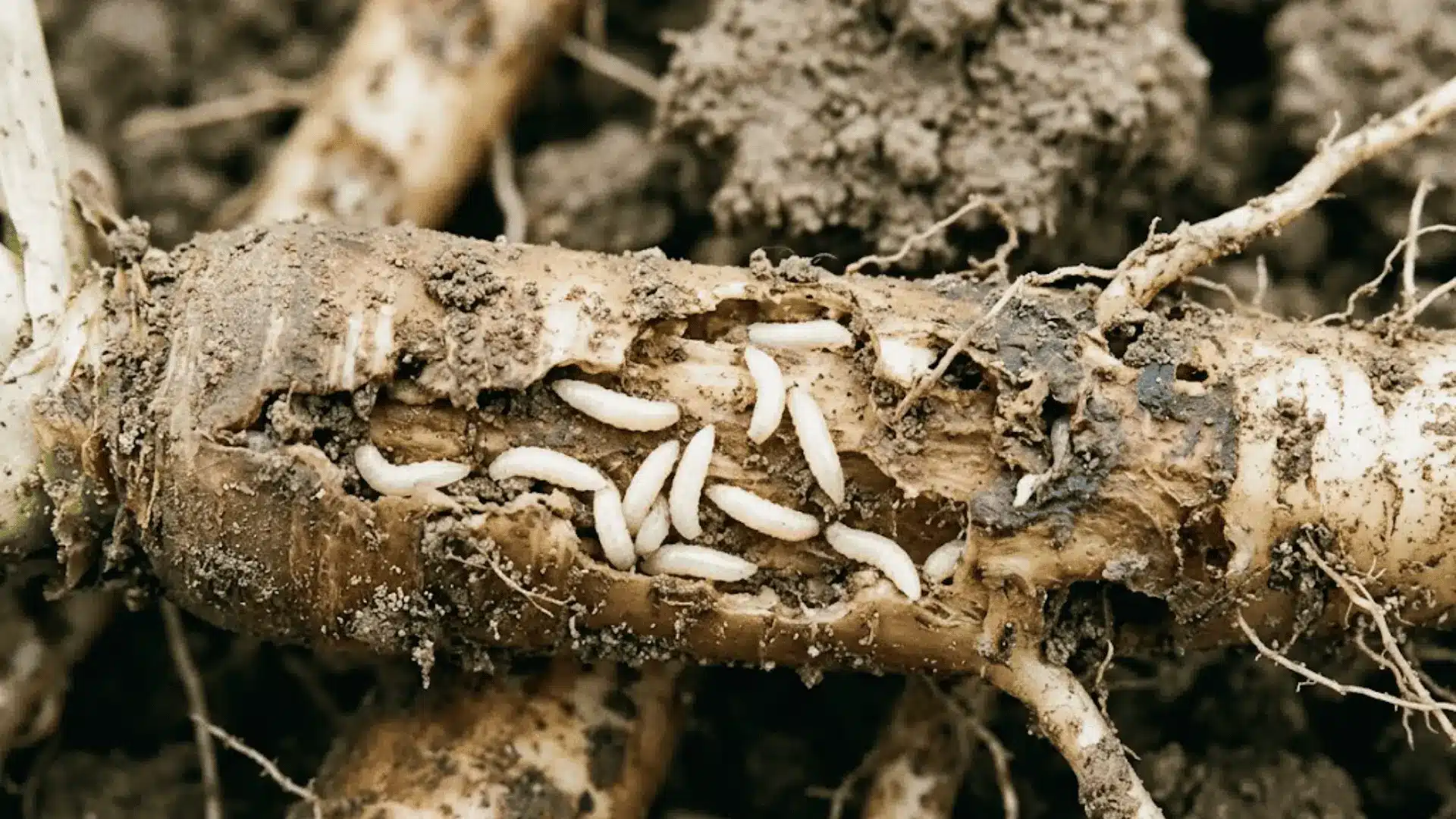 macro photo of white root maggots on a damaged brassica root with tunneling and soil particles