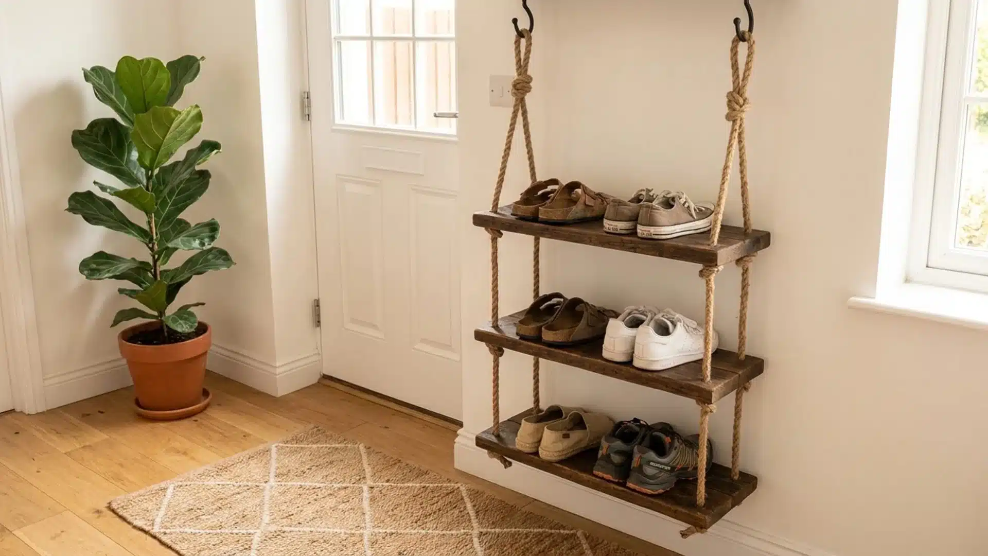 wooden shelf displaying various shoes with a backdrop of copper pipes creating an industrial aesthetic