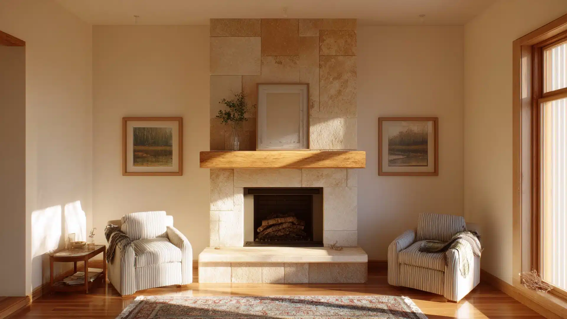 a cozy living room featuring a warm fireplace and two comfortable chairs arranged for conversation and relaxation