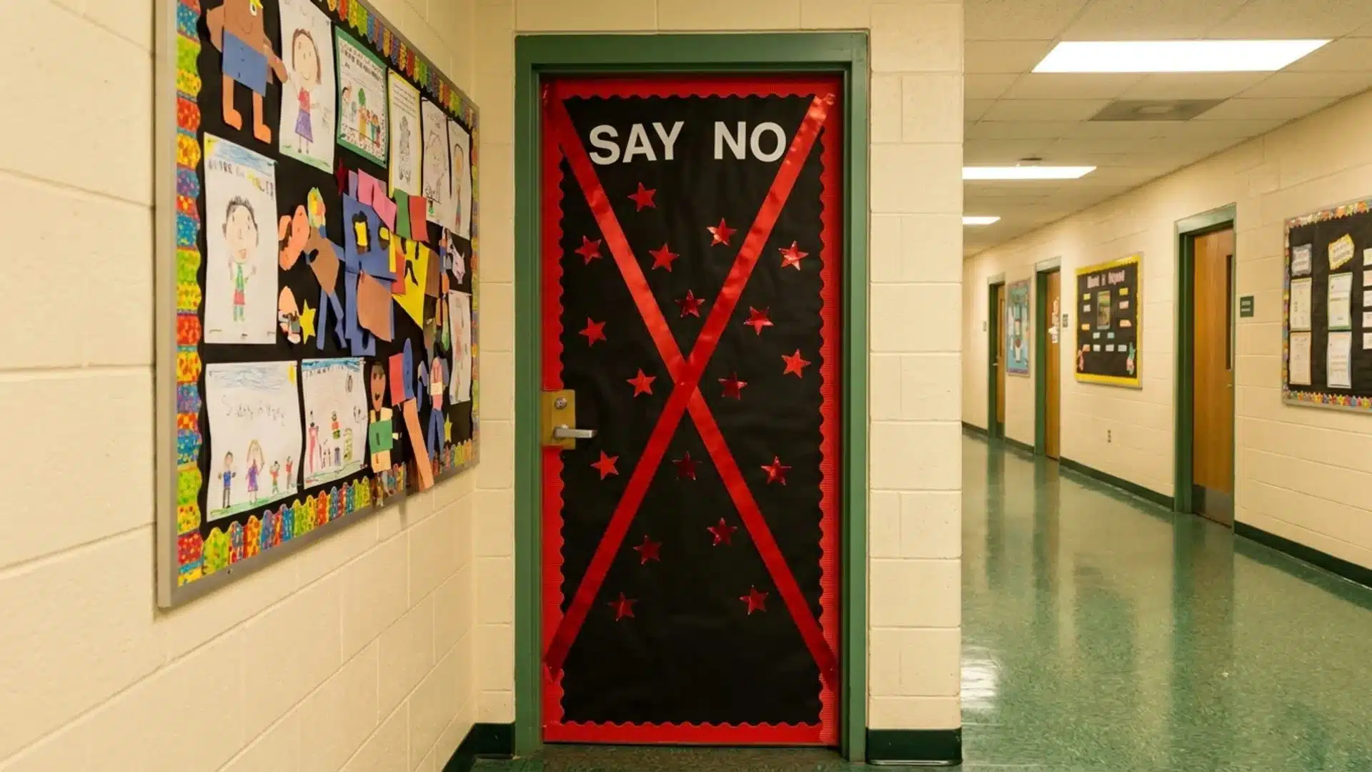  hallway scene highlighting a door that displays the message say no in an eye-catching design
