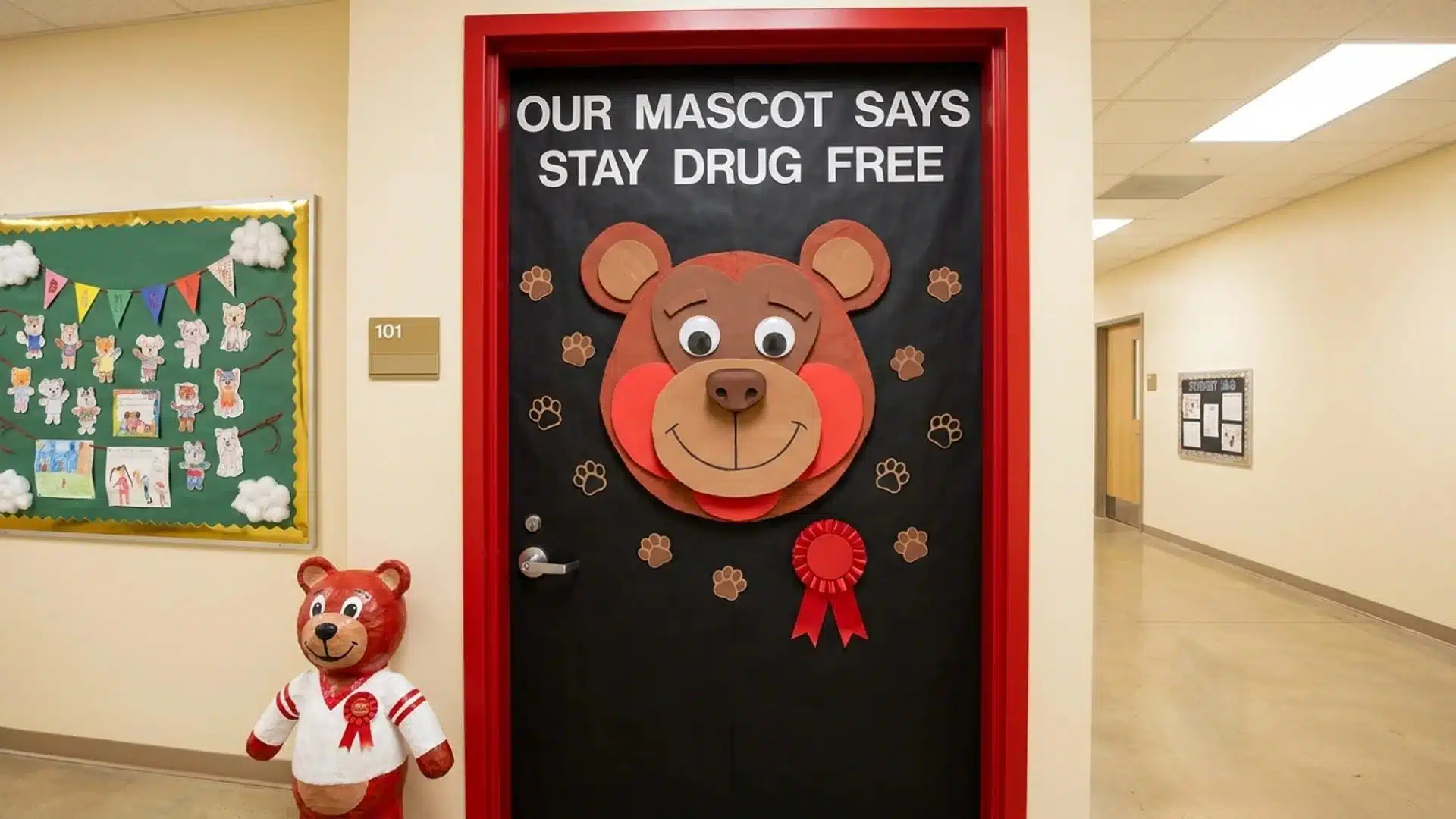 a door adorned with a bear graphic and a sign stating our mascot says stay drug free prominently displayed