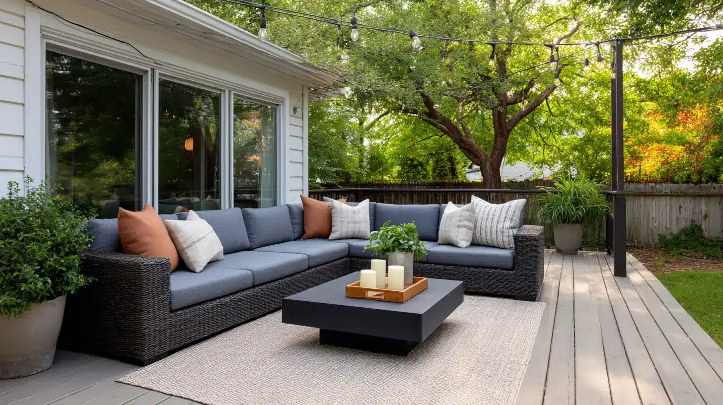 l-shaped charcoal outdoor sectional defining a conversation corner on a spacious wood deck