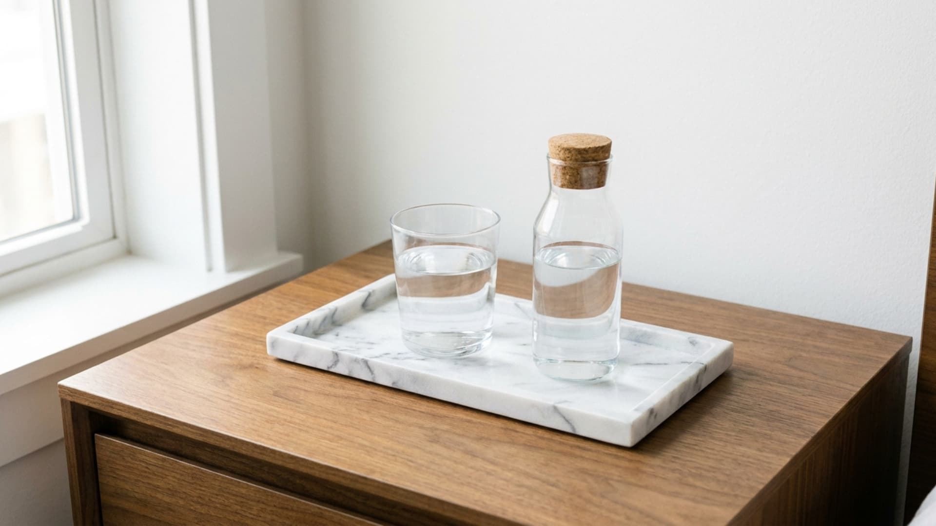 slim marble tray with one clear glass and small water bottle on plain white nightstand