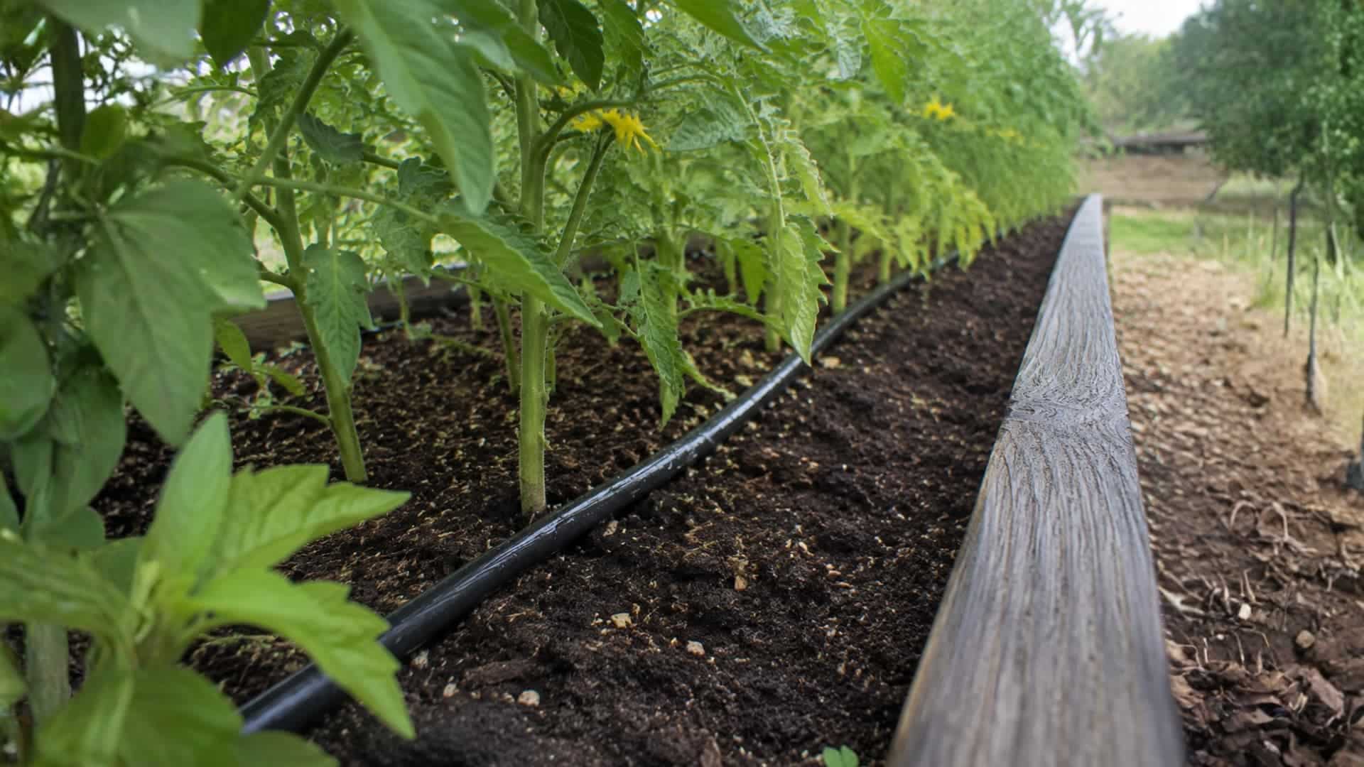 drip irrigation lines running along the base of tomato plants in a raised bed