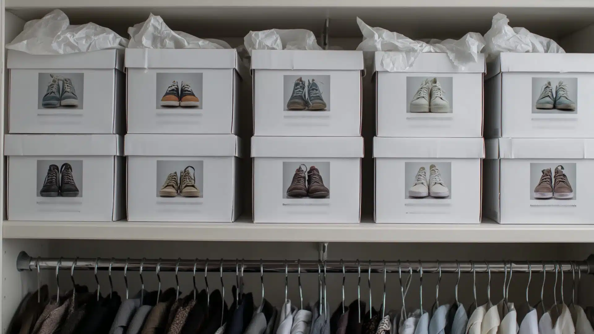 an organized closet displaying several shoe boxes and neatly stacked clothes in a variety of colors and patterns