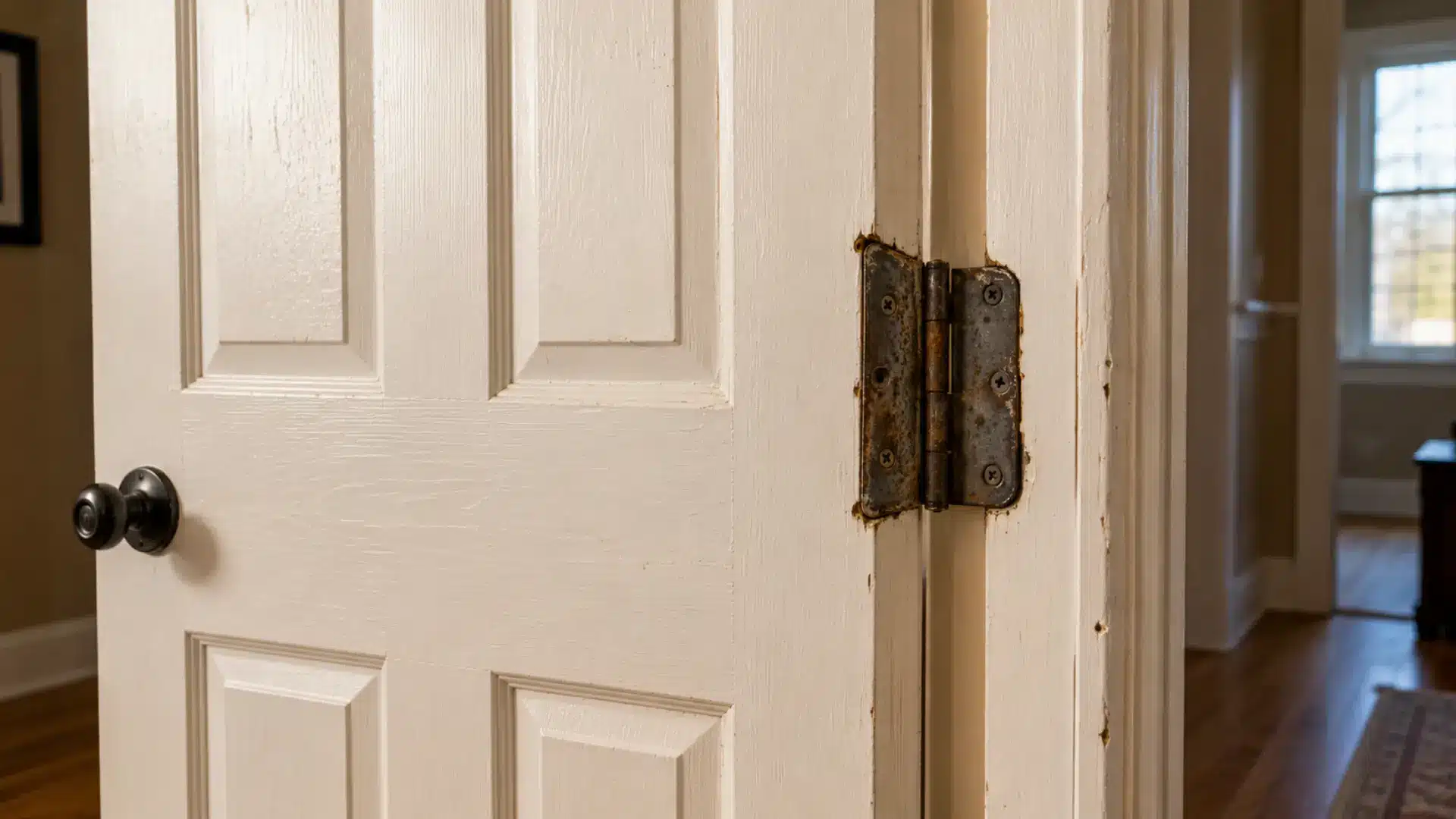 partially open white paneled door with a rusted metal hinge, worn screws, and visible signs of age