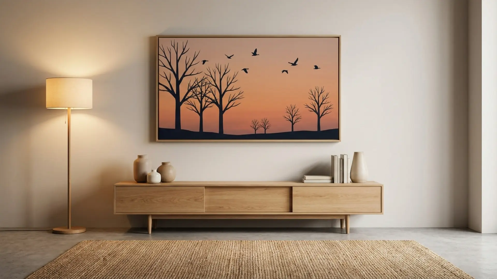 silhouette canvas art of tree branches in black paint on white canvas
