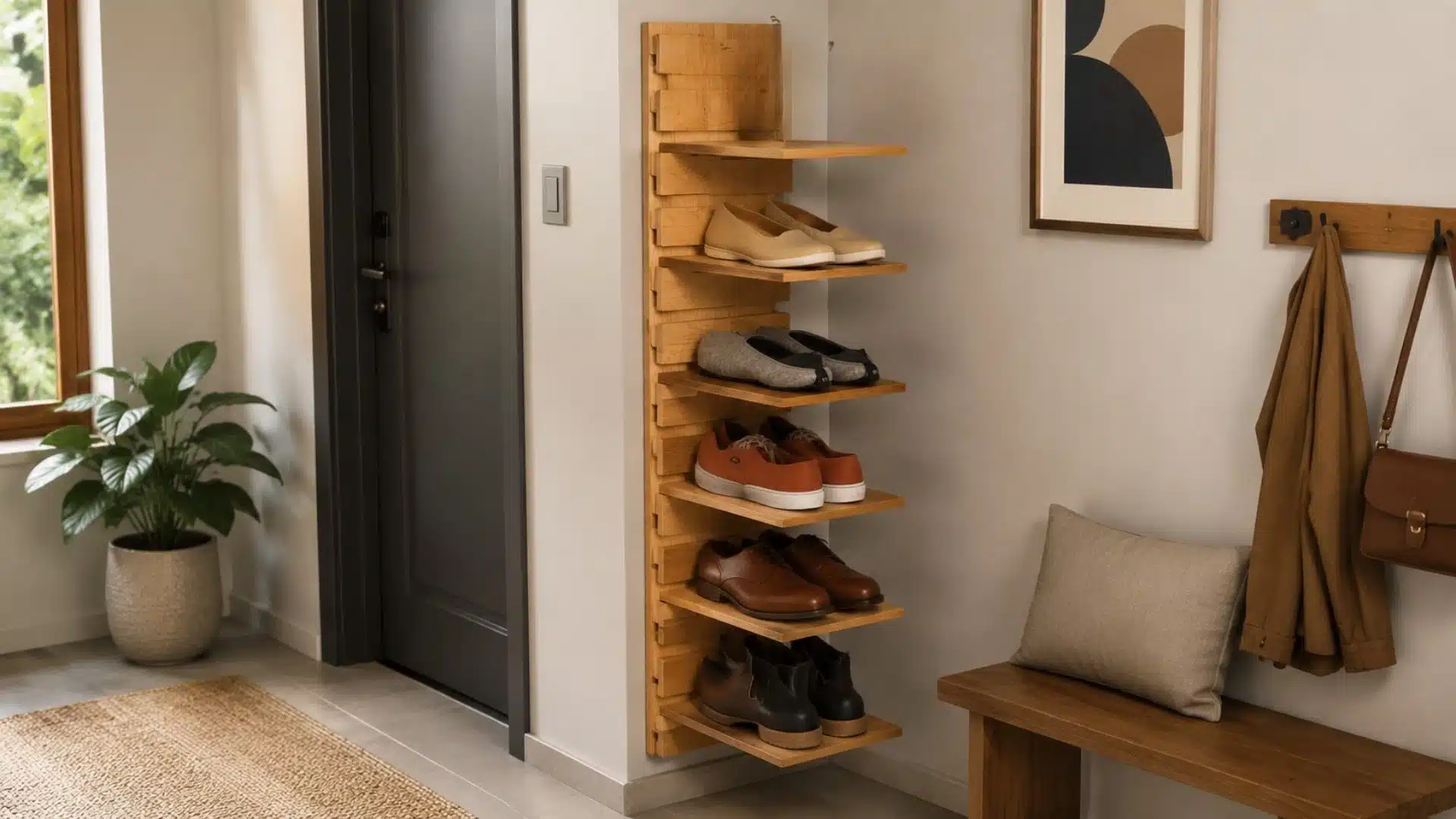 a wooden shoe rack displaying various pairs of shoes in an organized manner with a natural wood finish and simple design
