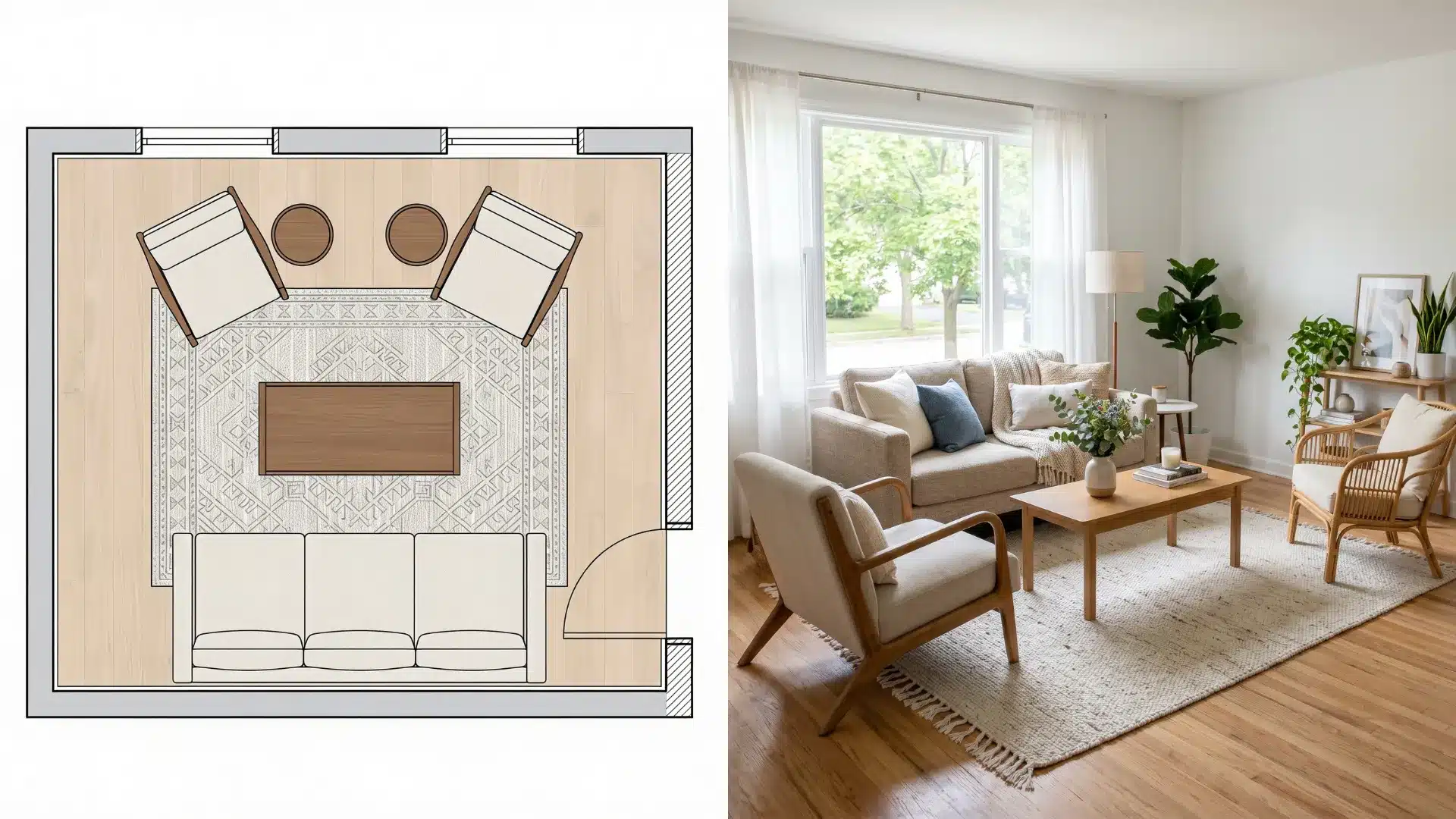 floor plan and photograph of a living room with a sofa, two armchairs, a coffee table, and a patterned rug
