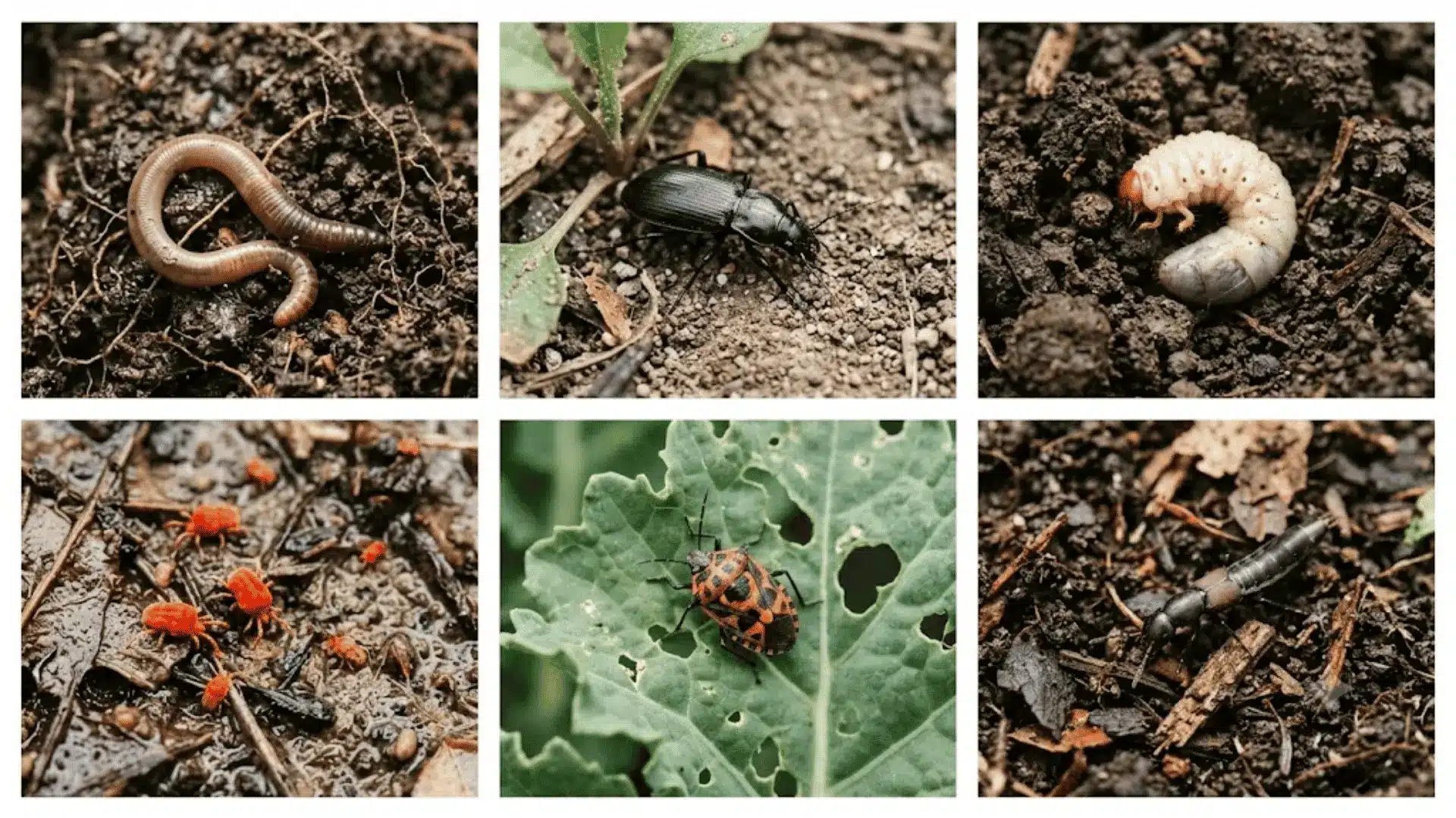 six tile photo grid of soil organisms including earthworm beetle grub and mites in natural habitats