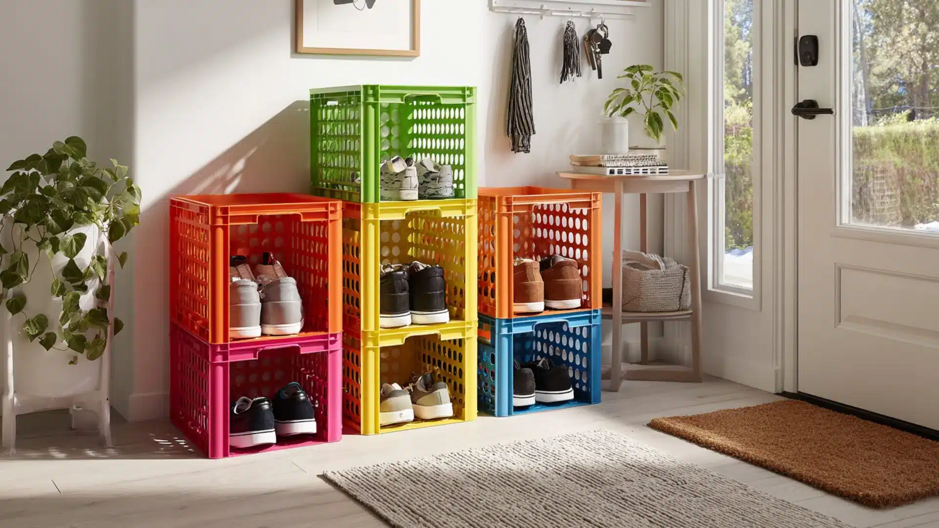 a colorful crate displaying an assortment of shoes, with several pairs arranged on top for easy viewing