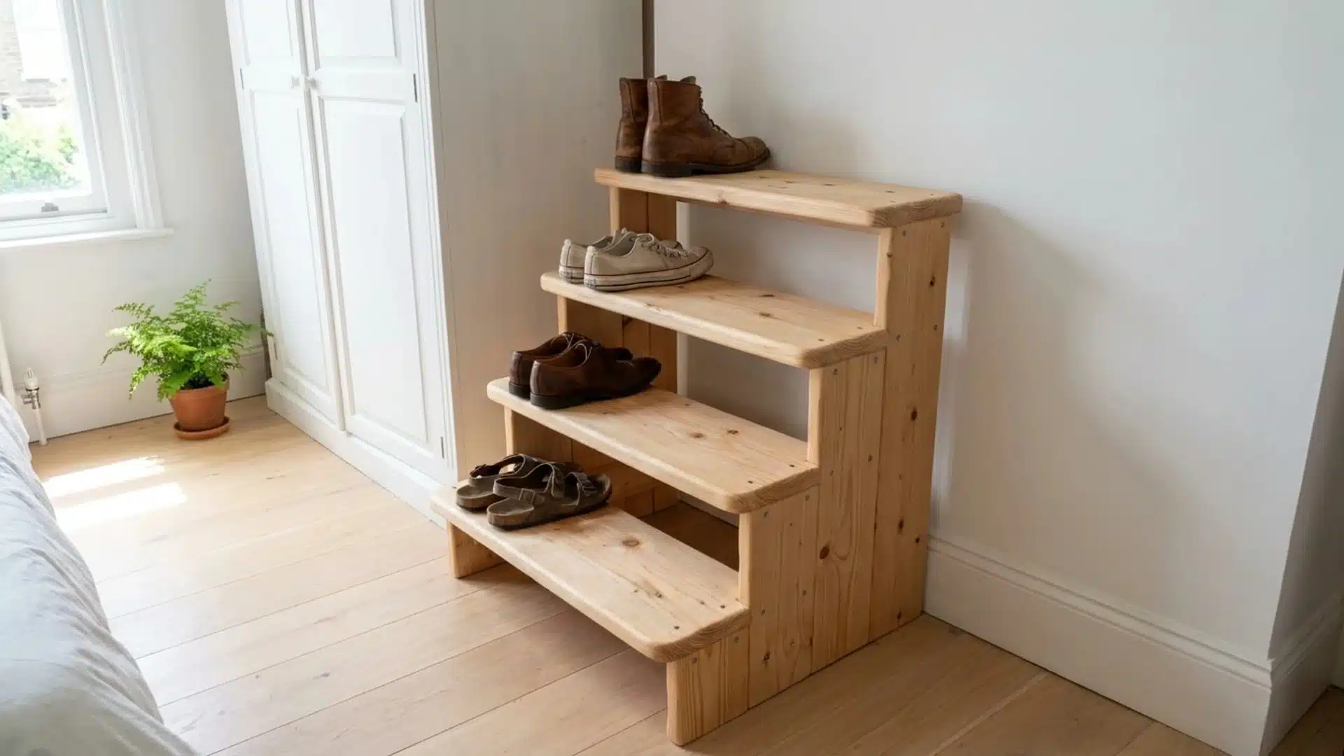 wooden shoe rack displaying various pairs of shoes in different styles and colors arranged neatly on the shelves