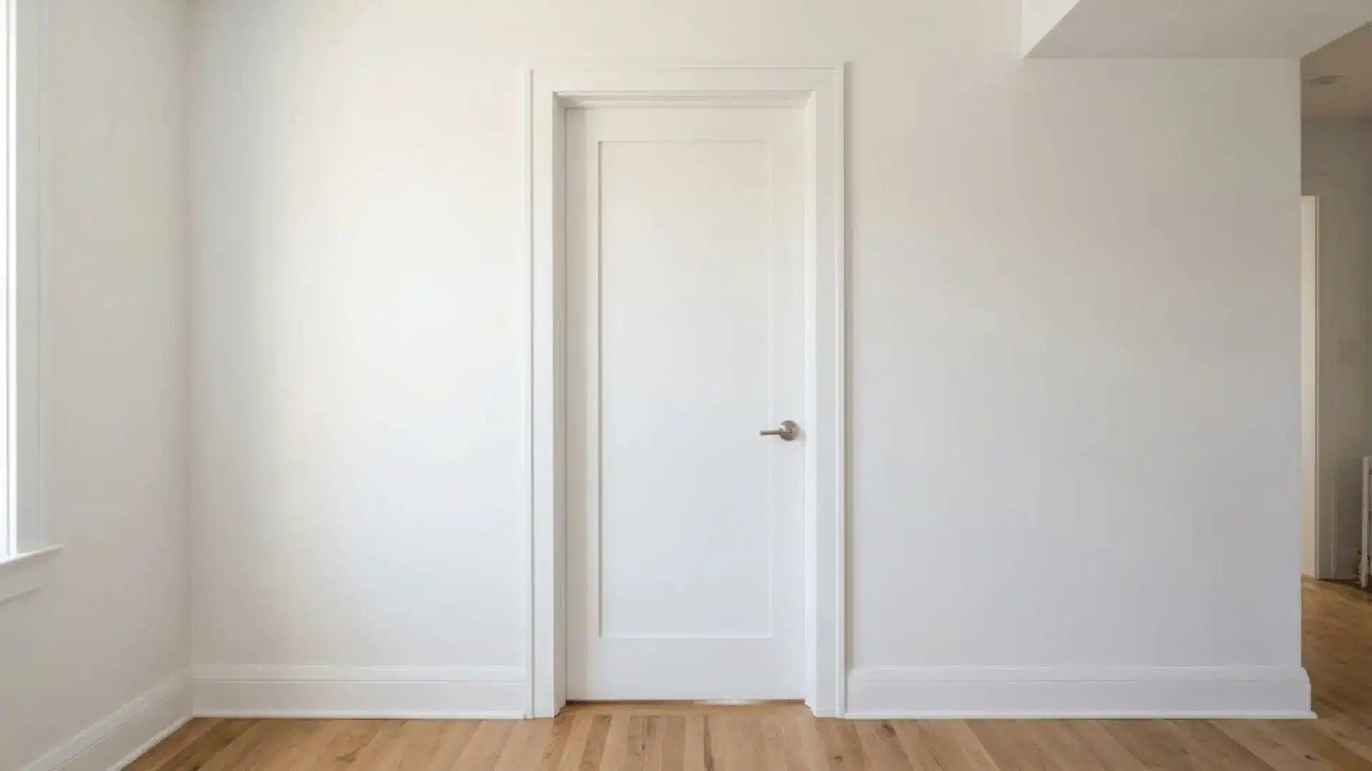 standard white interior door with visible frame and trim installed flush in a residential hallway