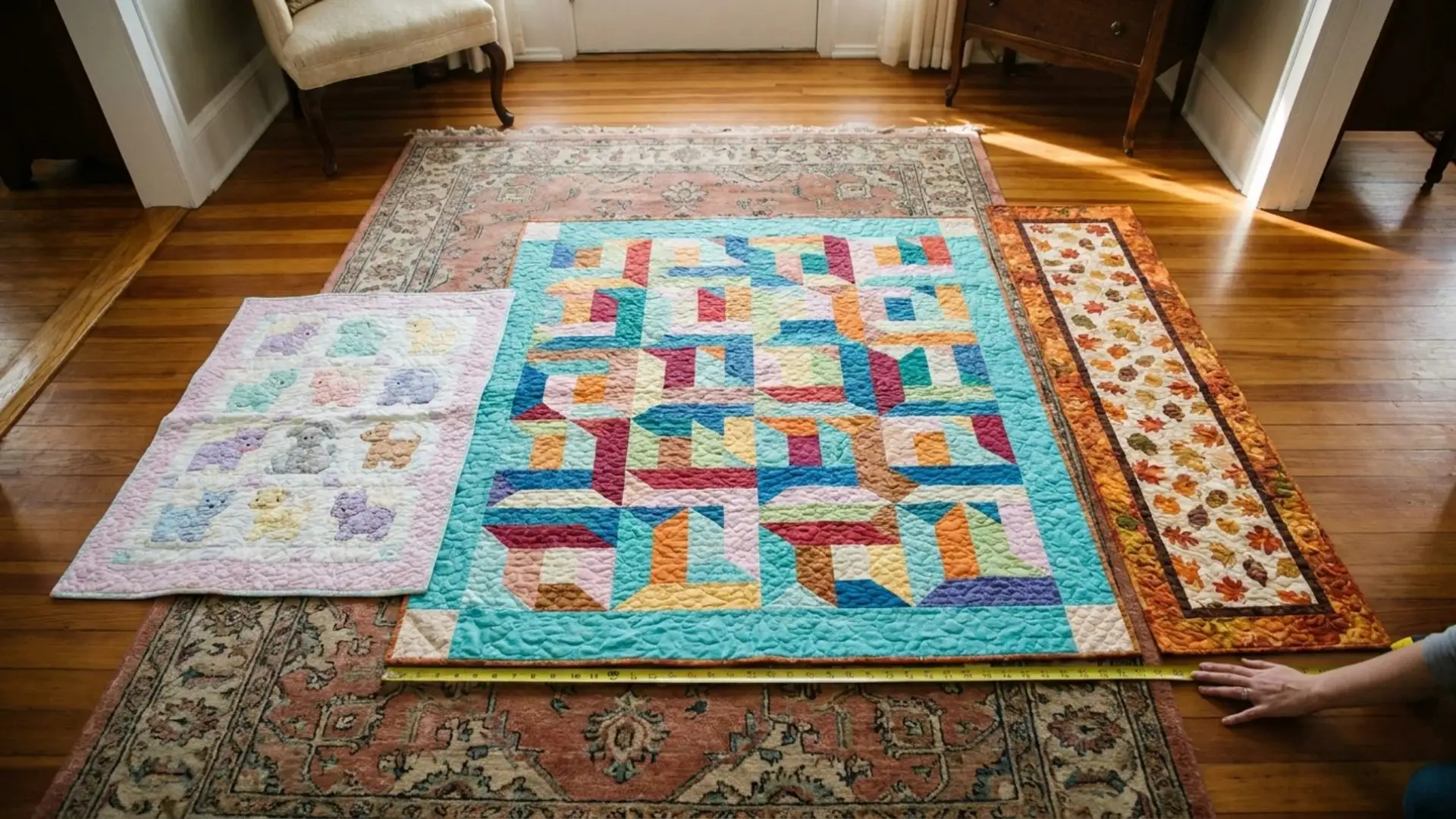 a hand is positioned next to a vibrant quilt laid on the floor highlighting various designs and colors of the fabric