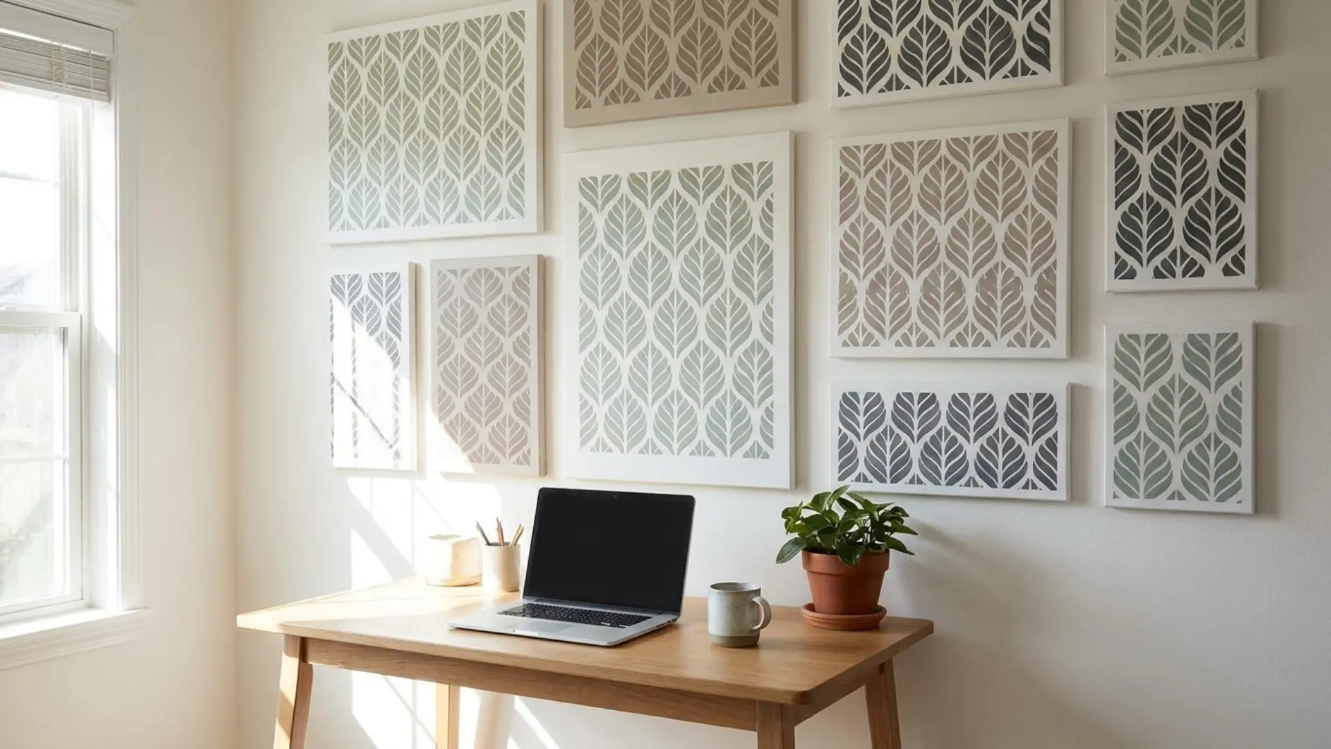stenciled canvas art with geometric repeat pattern in black and white