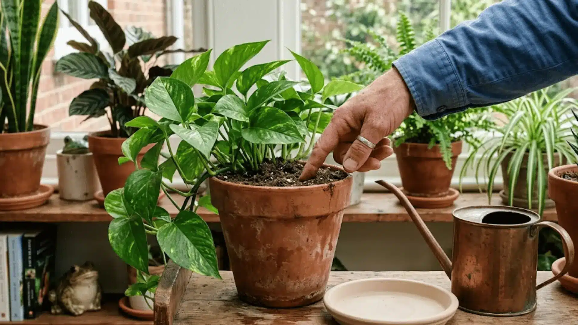 person checking soil moisture of a pothos plant in a terracotta pot before watering indoors