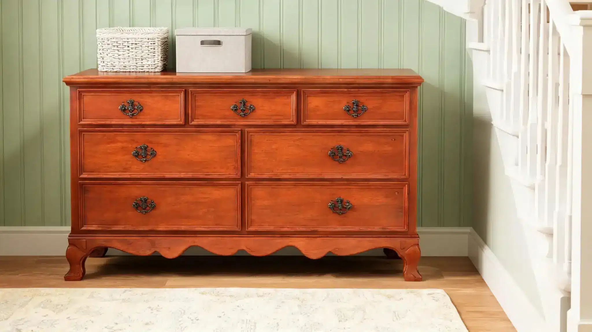 a wooden dresser with six drawers sits in front of a green paneled wall next to a white staircase
