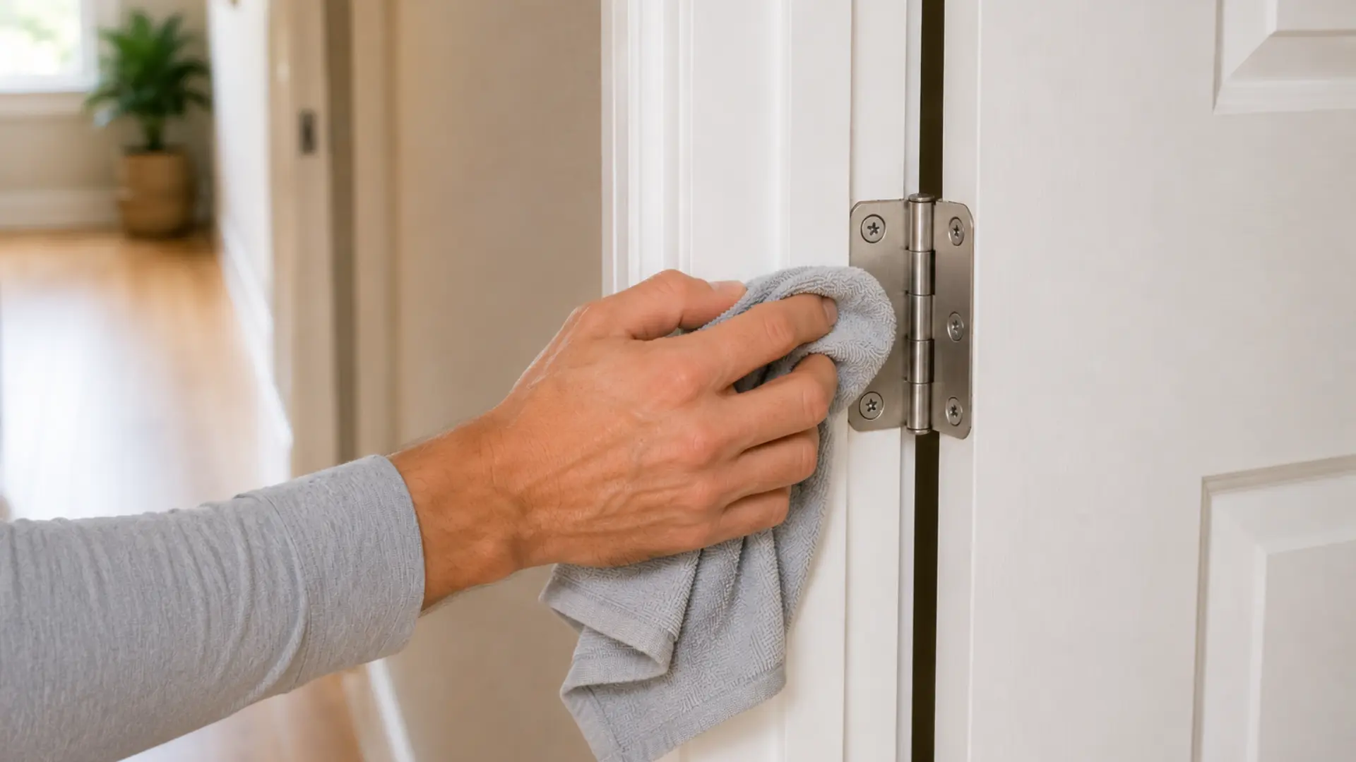 a person wiping a silver door hinge with a gray cloth on a white paneled door