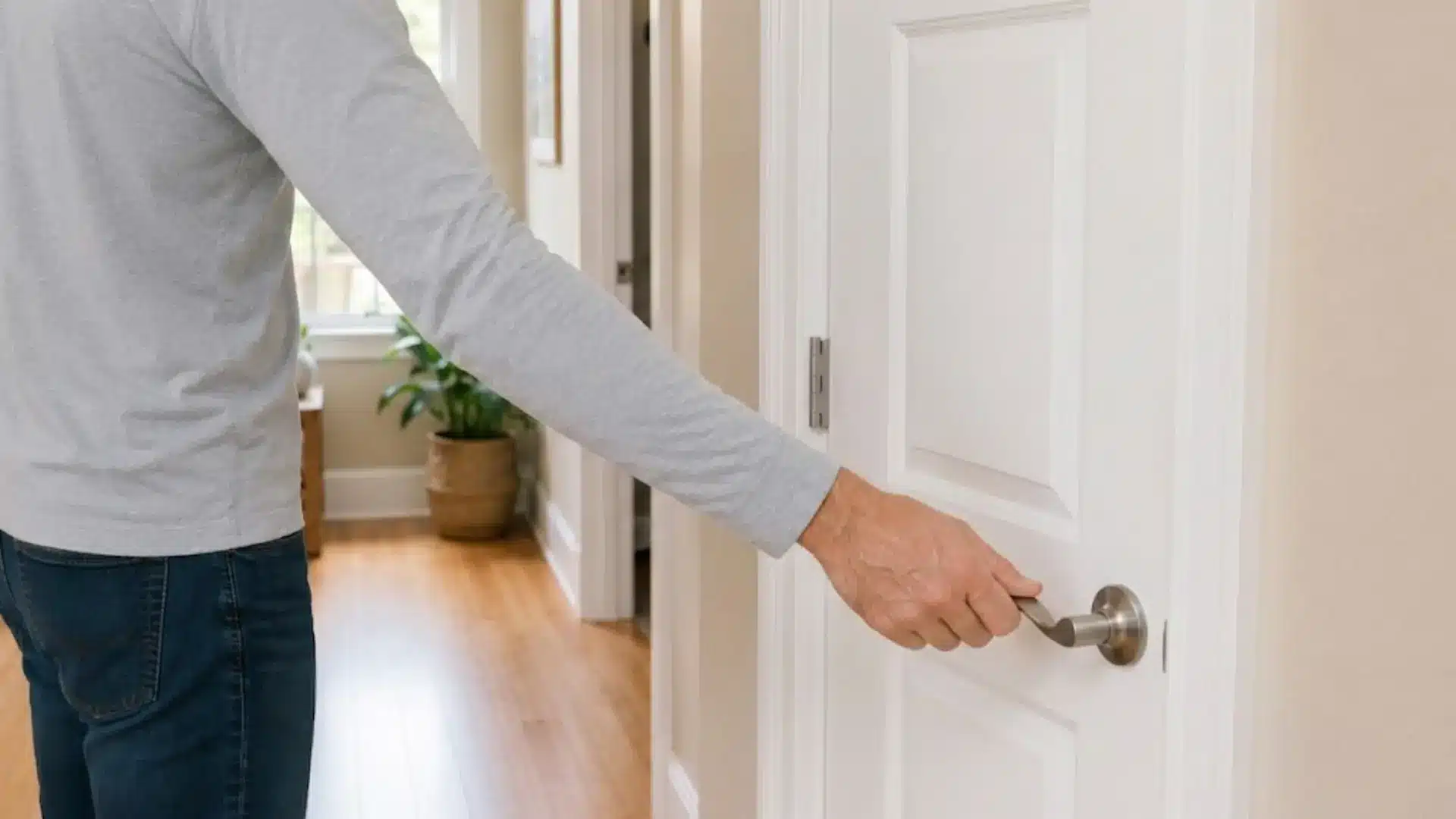 a person turning a lever door handle on a white paneled interior door in a hallway
