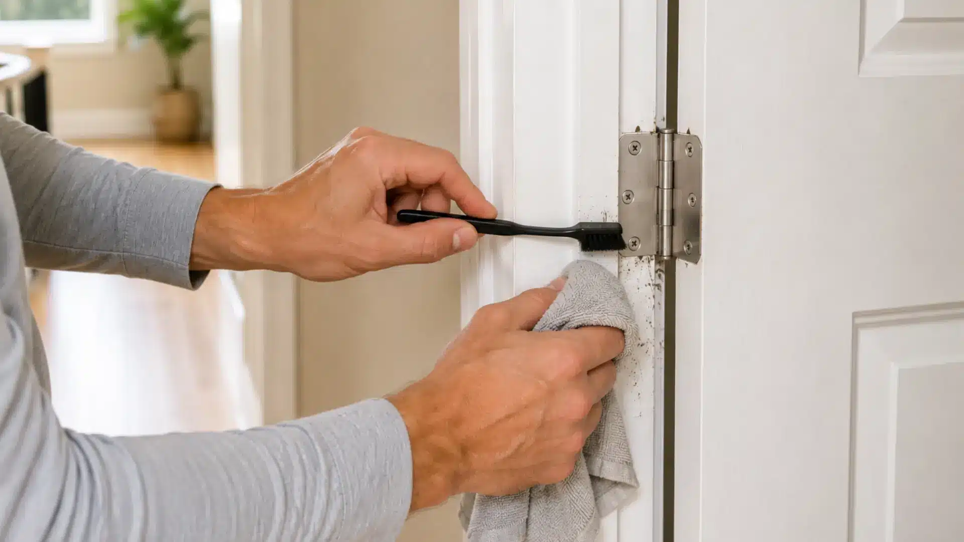 a close-up of hands scrubbing dirt off a door hinge using a small brush and a cloth