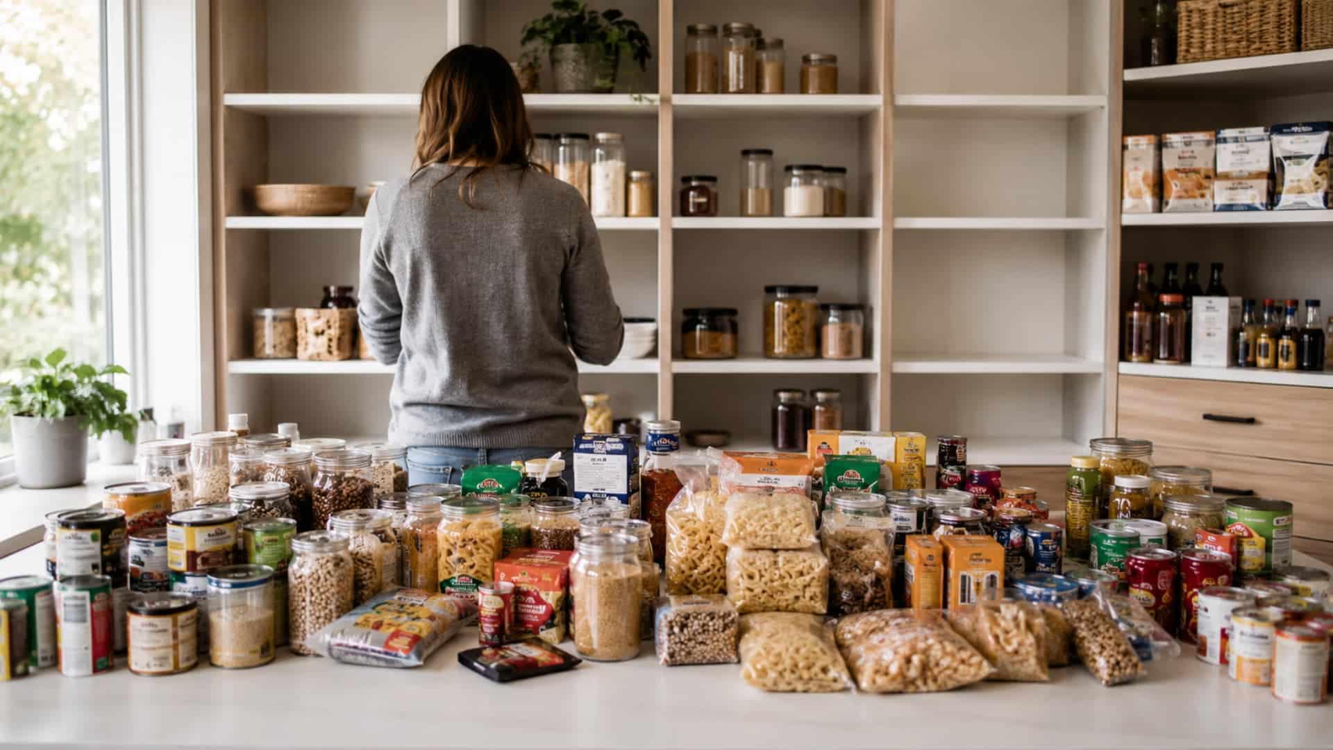 woman sorting pantry items spread across a counter with cans, jars, and packets before restocking shelves
