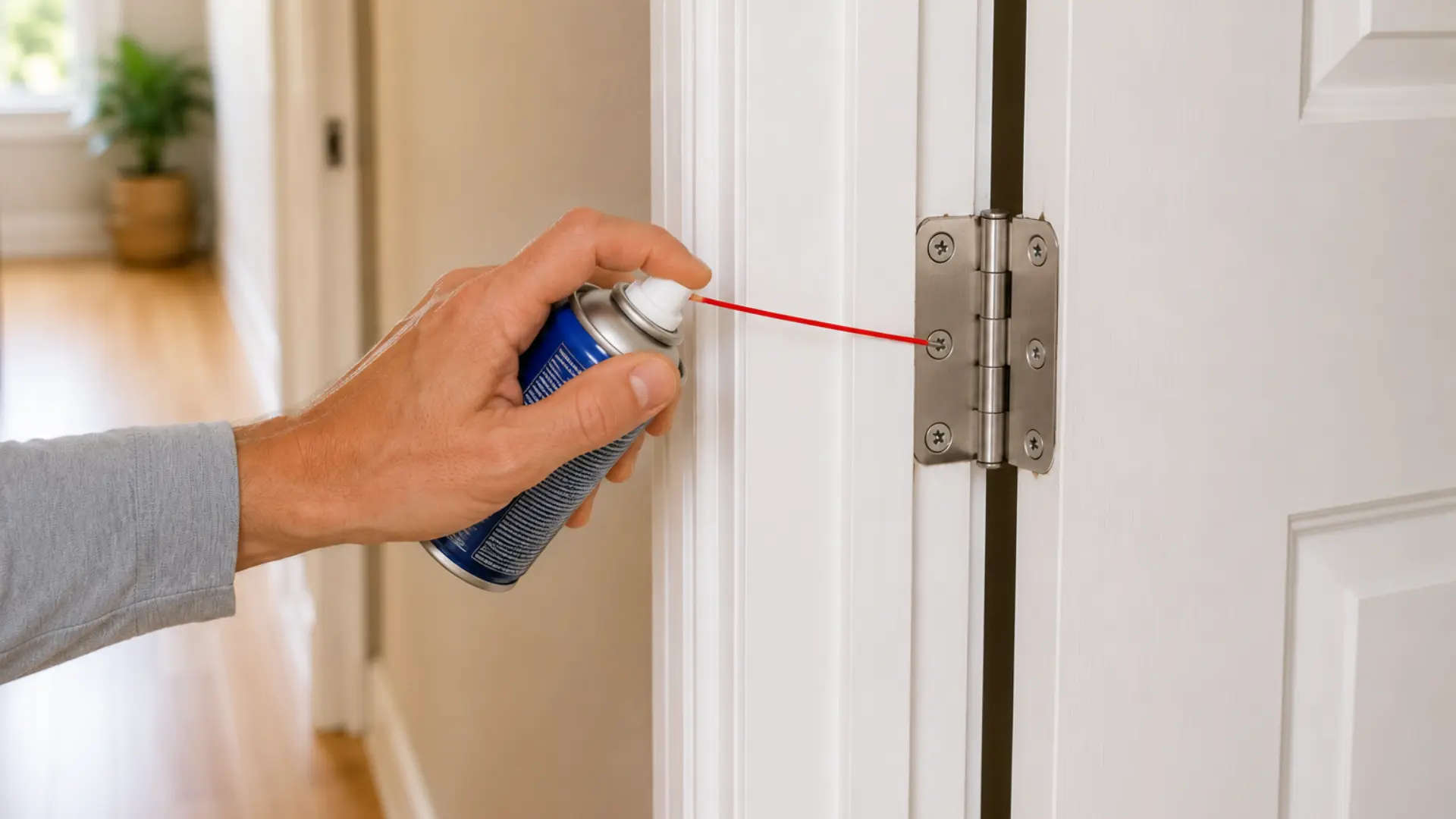 a person spraying lubricant from a blue aerosol can directly onto a silver door hinge