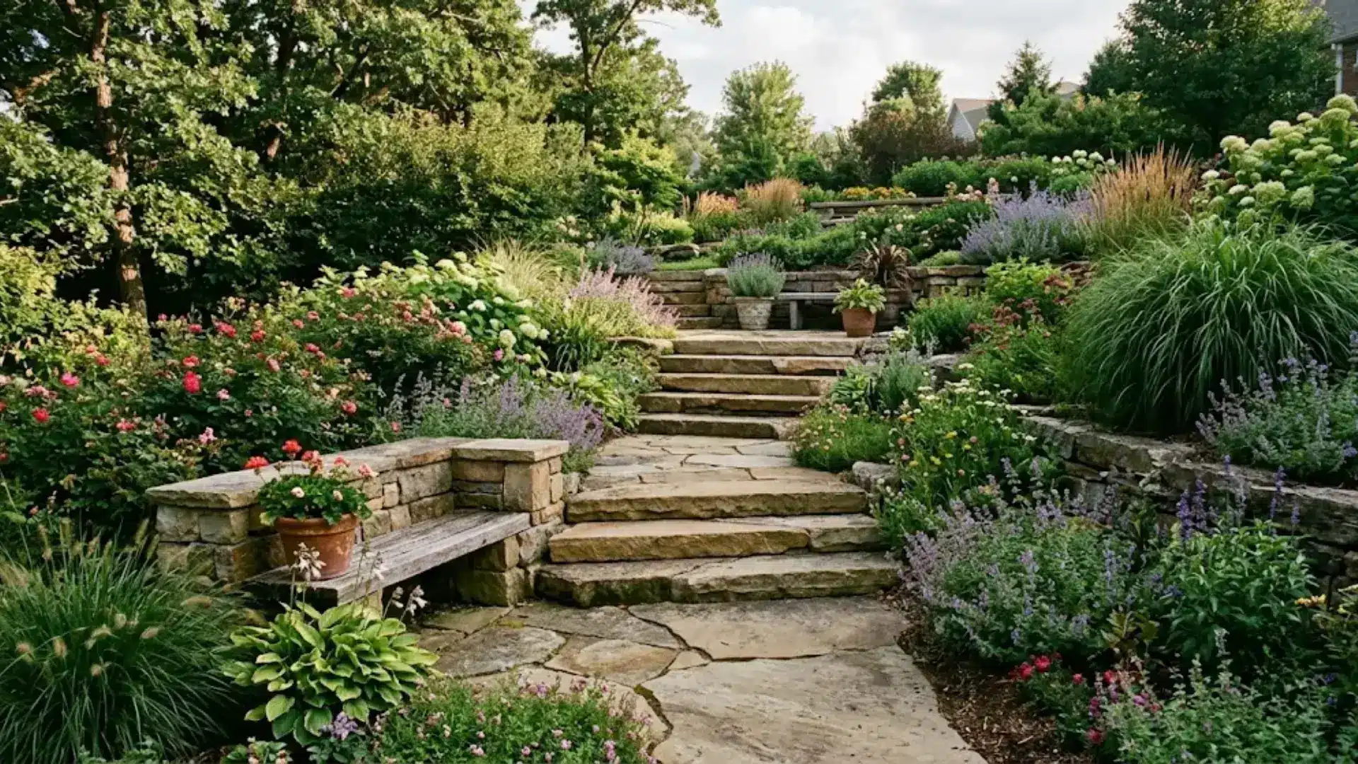 wide stone staircase with built-in bench, viewing stop, and colorful perennial garden beds on a sloped yard