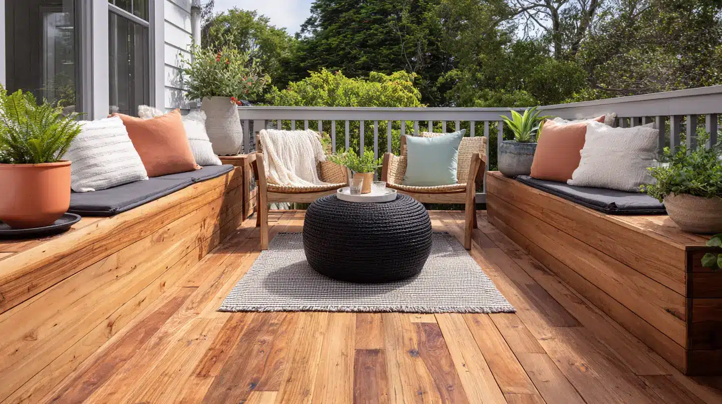 teak storage bench with cushion along deck railing beside open central seating area in morning light