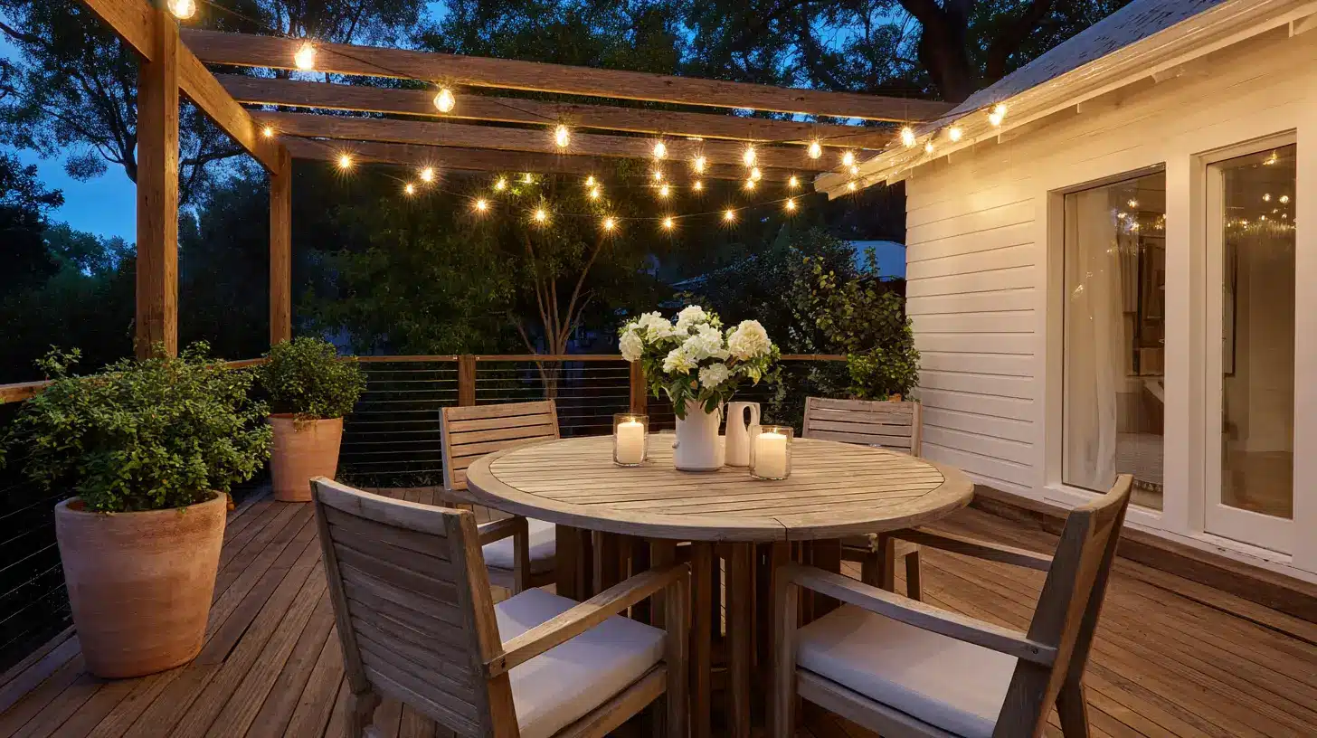 warm white string lights hung from wood pergola over teak dining table on outdoor deck at dusk