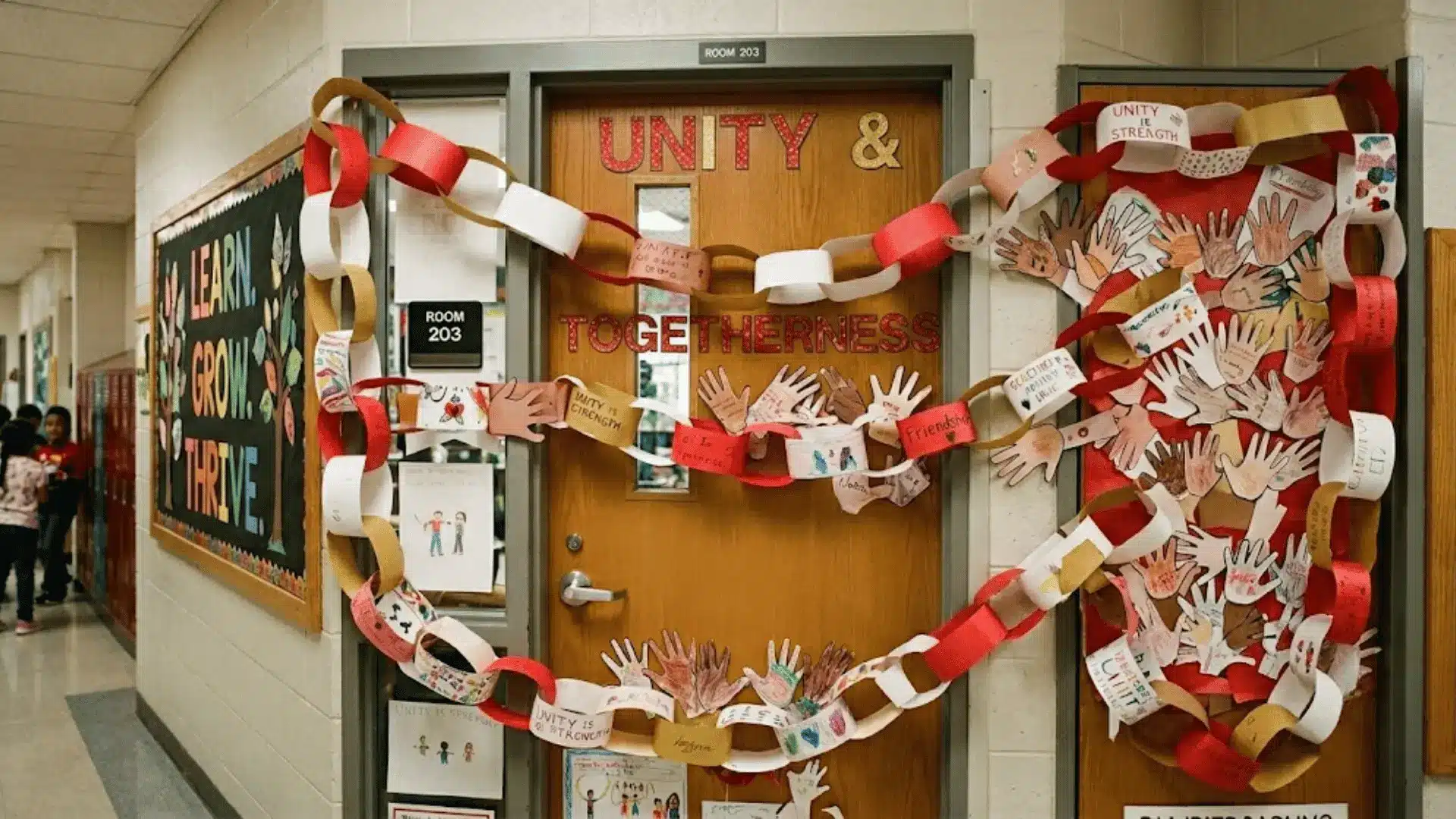 red ribbon week classroom door decorated with colorful paper chain links and joined hands representing student unity