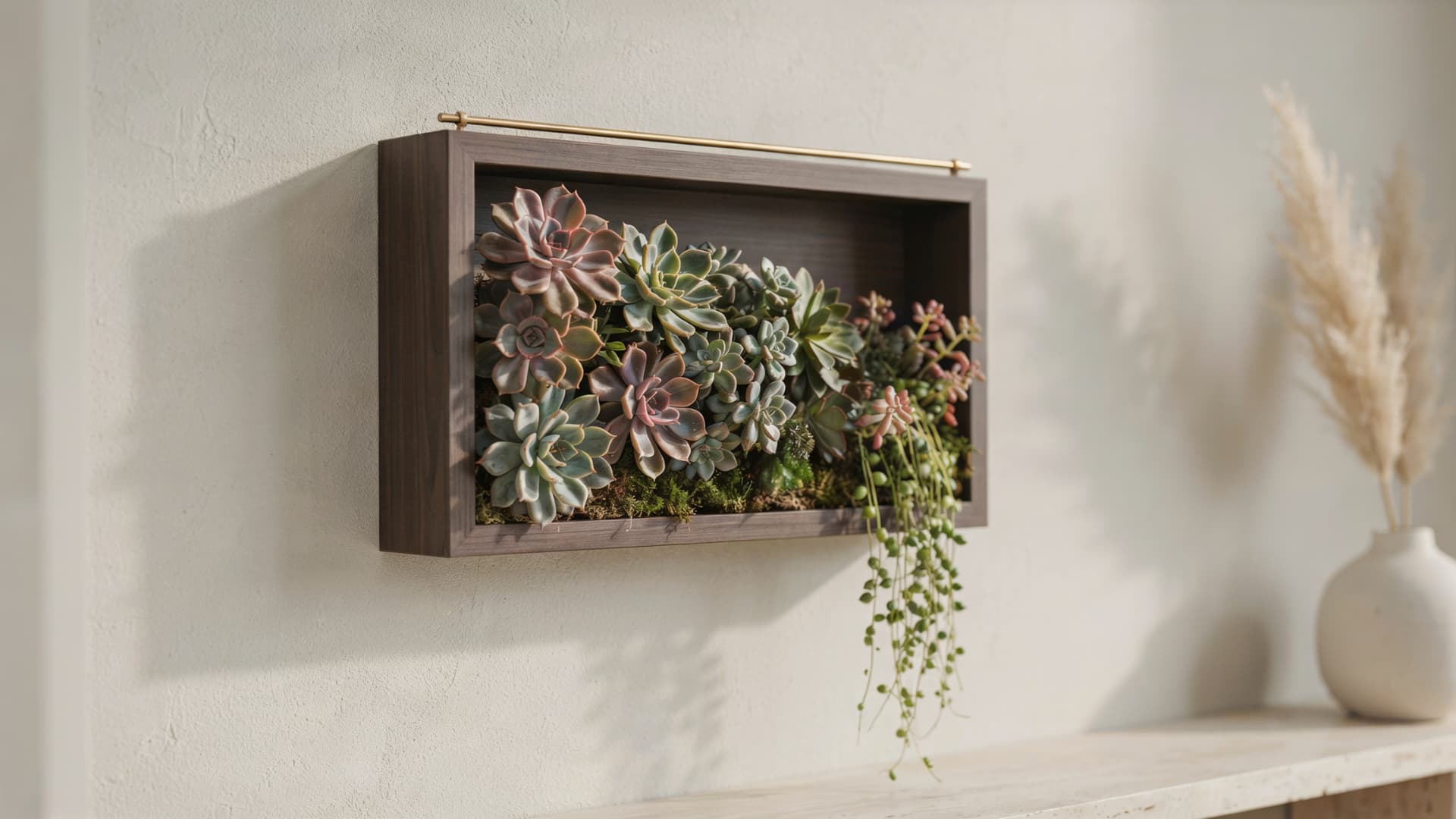 succulent wall garden frame with echeveria rosettes mounted on light grey wall